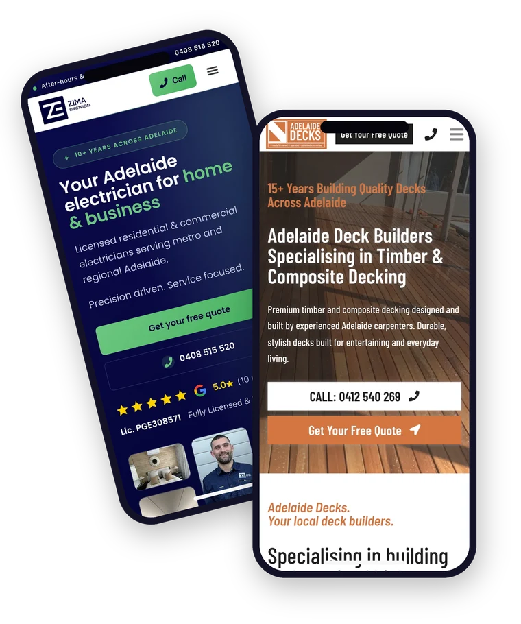 The Zima Electrical and Adelaide Decks websites shown on mobile phones - built for Adelaide tradies by Websites For Tradies