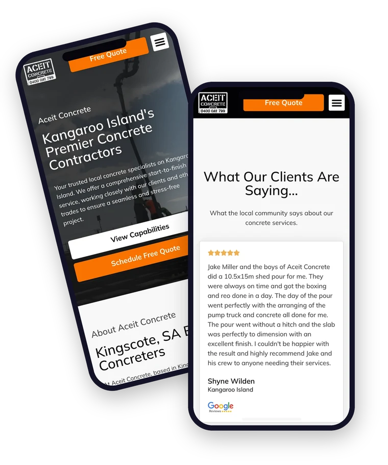 The Aceit Concrete website shown on a mobile phone, built by Websites For Tradies