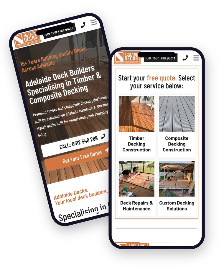 The Adelaide Decks website shown on a mobile phone, built by Websites For Tradies