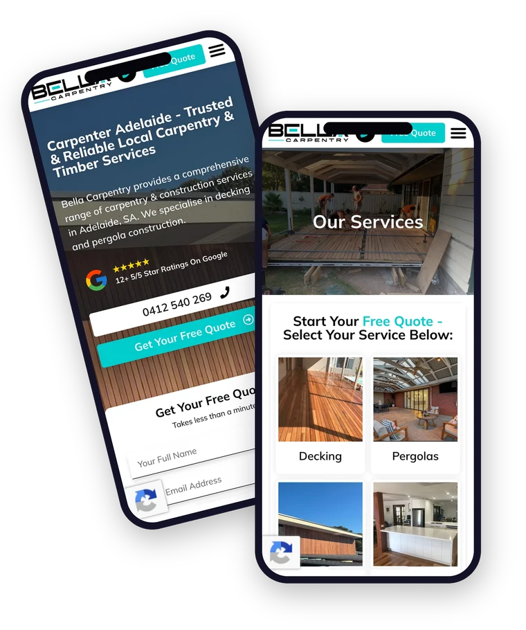 The Bella Carpentry website shown on a mobile phone, built by Websites For Tradies