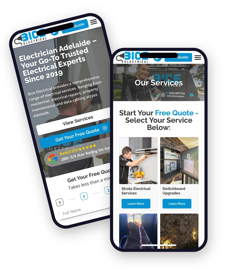 The BICE Electrical website shown on a mobile phone, built by Websites For Tradies
