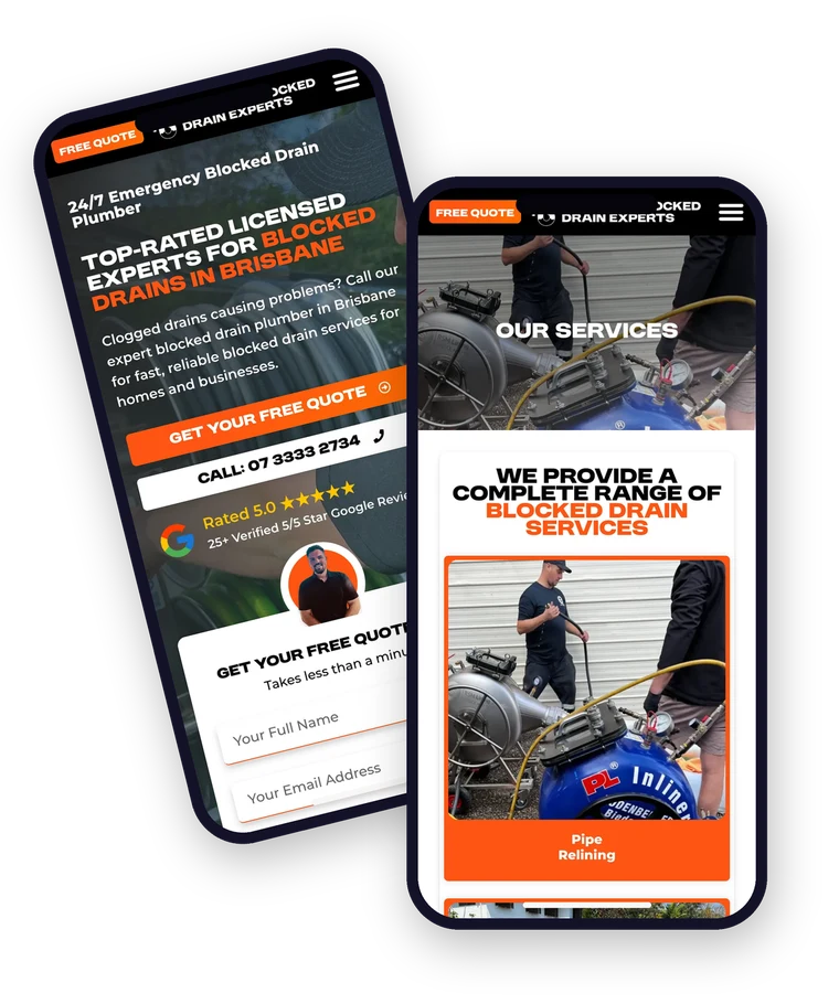 The Brisbane Blocked Drain Experts website shown on a mobile phone, built by Websites For Tradies