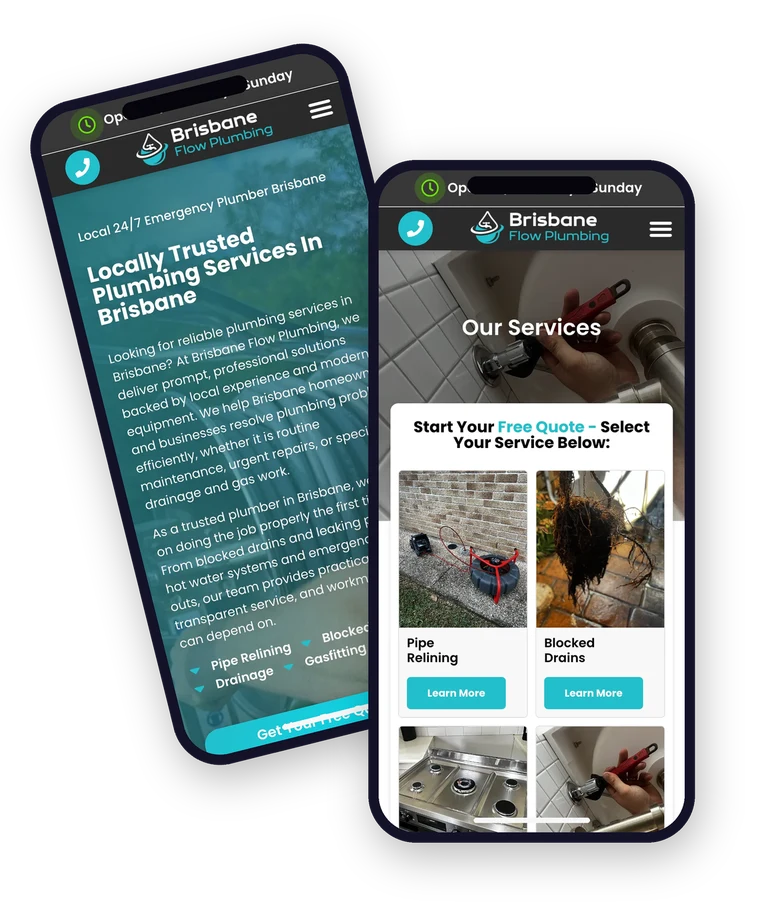 The Brisbane Flow Plumbing website shown on a mobile phone, built by Websites For Tradies