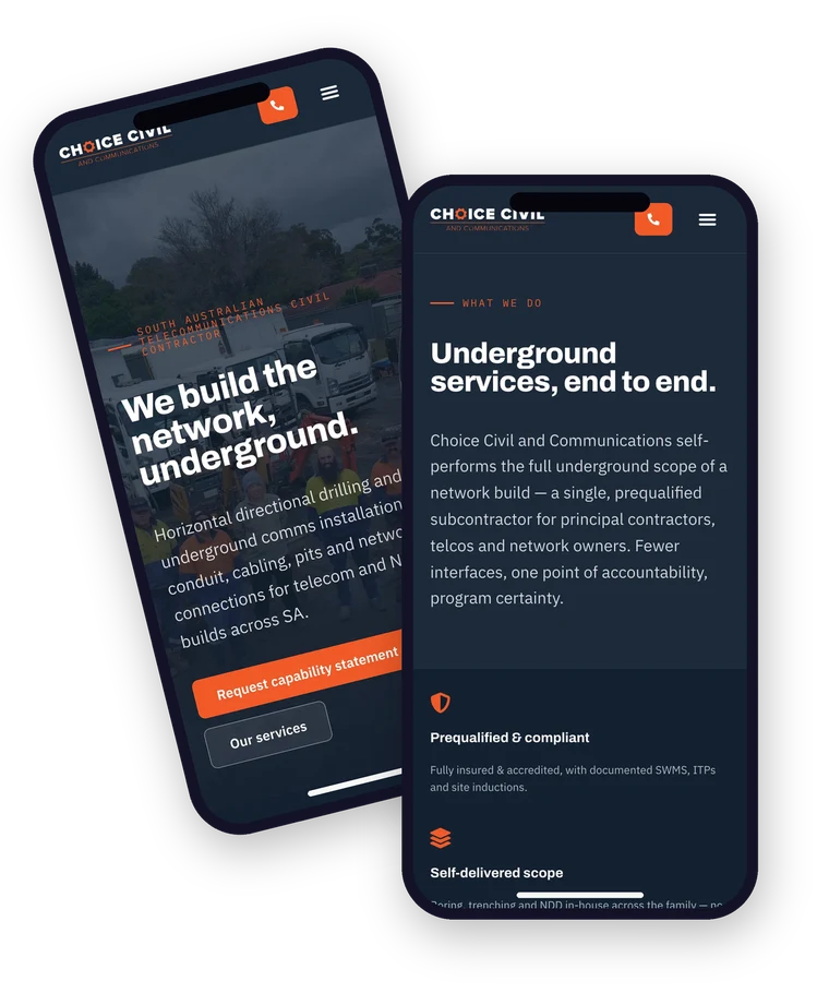 The Choice Civil & Communications website shown on a mobile phone, built for an Adelaide civil contractor by Websites For Tradies