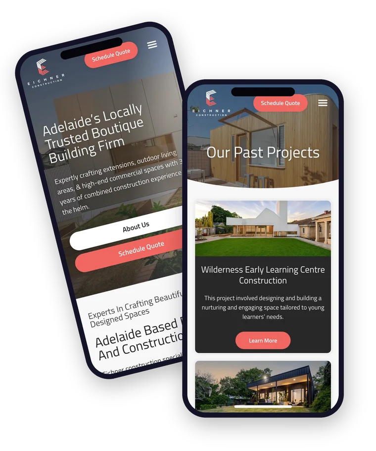 The Eichner Construction website shown on a mobile phone, built by Websites For Tradies