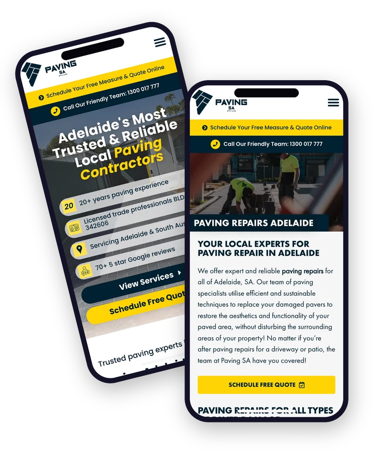 The Paving SA website shown on a mobile phone, built by Websites For Tradies