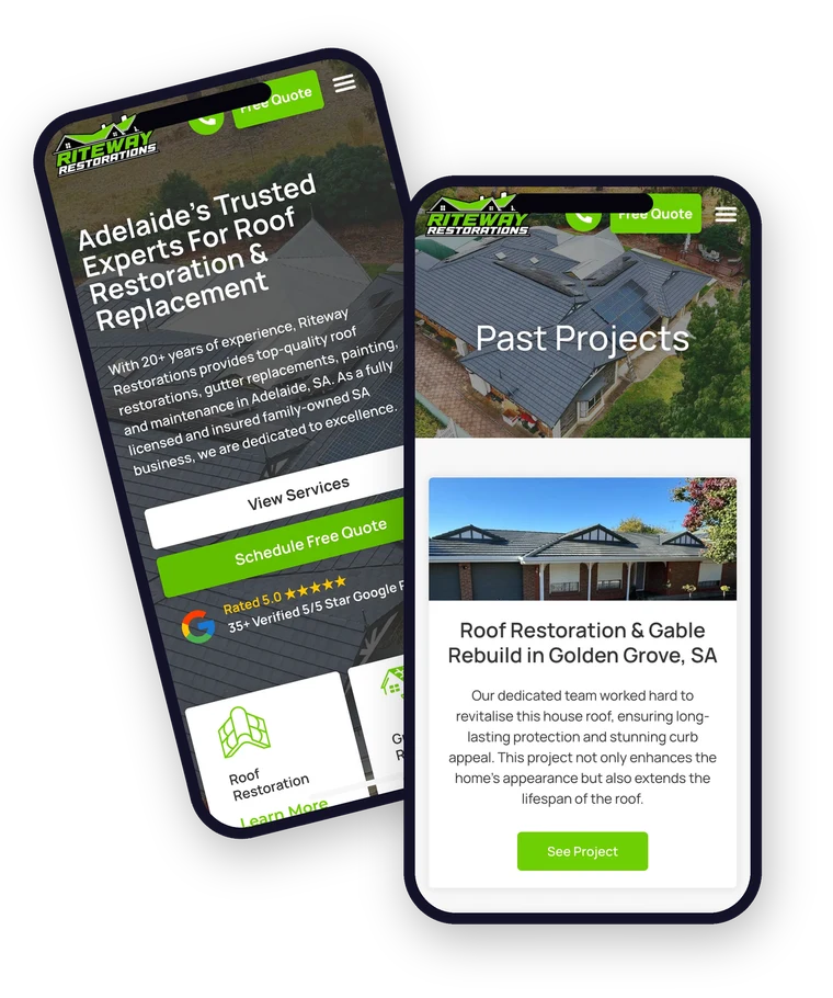 The Riteway Restorations website shown on a mobile phone, built by Websites For Tradies