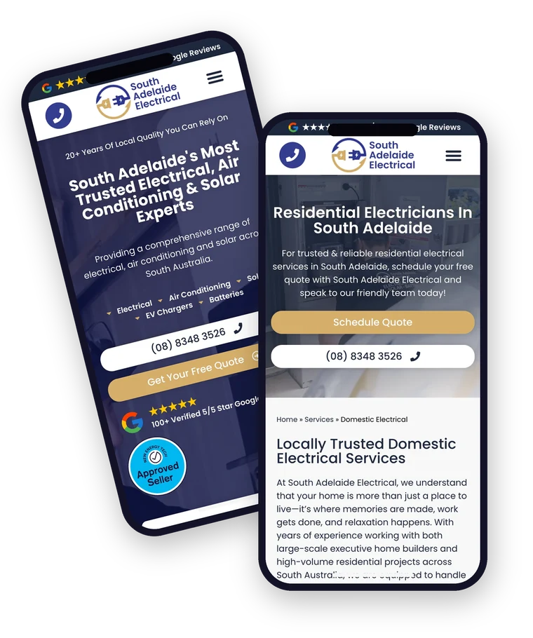 The South Adelaide Electrical website shown on a mobile phone, built by Websites For Tradies