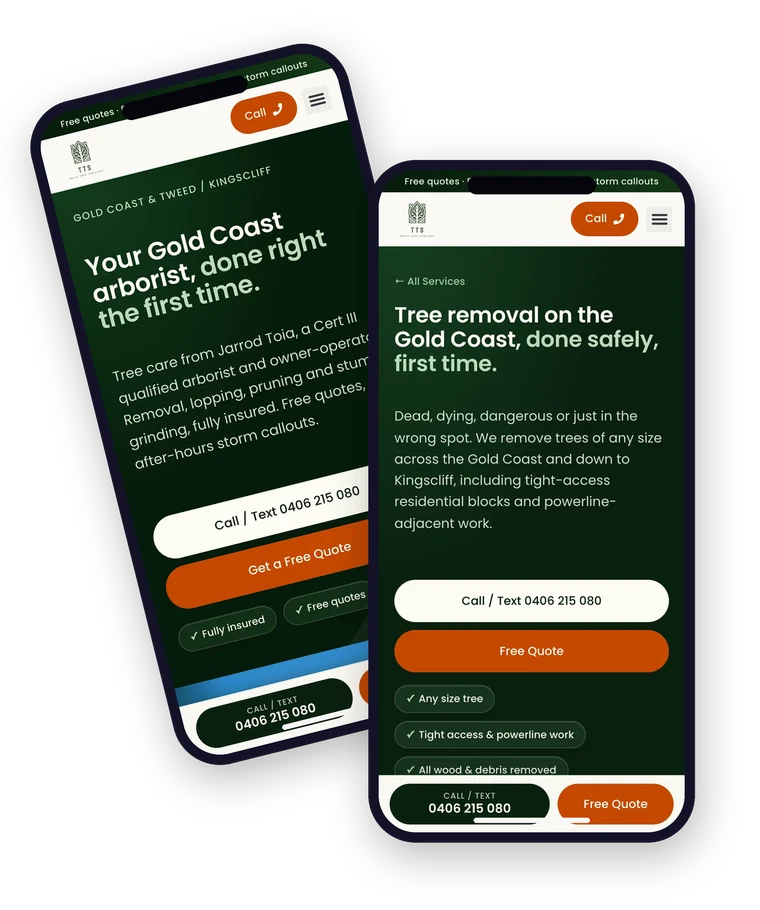 The Toias Tree Services website shown on a mobile phone - built for a Gold Coast arborist by Websites For Tradies