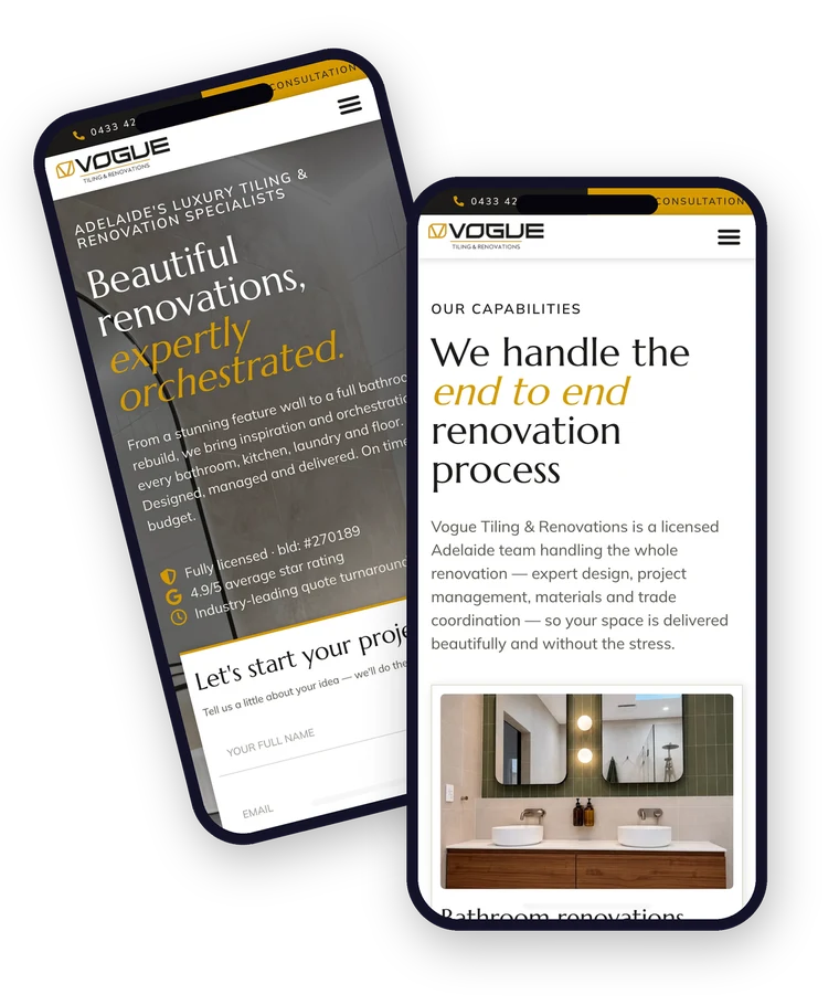The Vogue Tiling & Renovations website shown on a mobile phone, built by Websites For Tradies