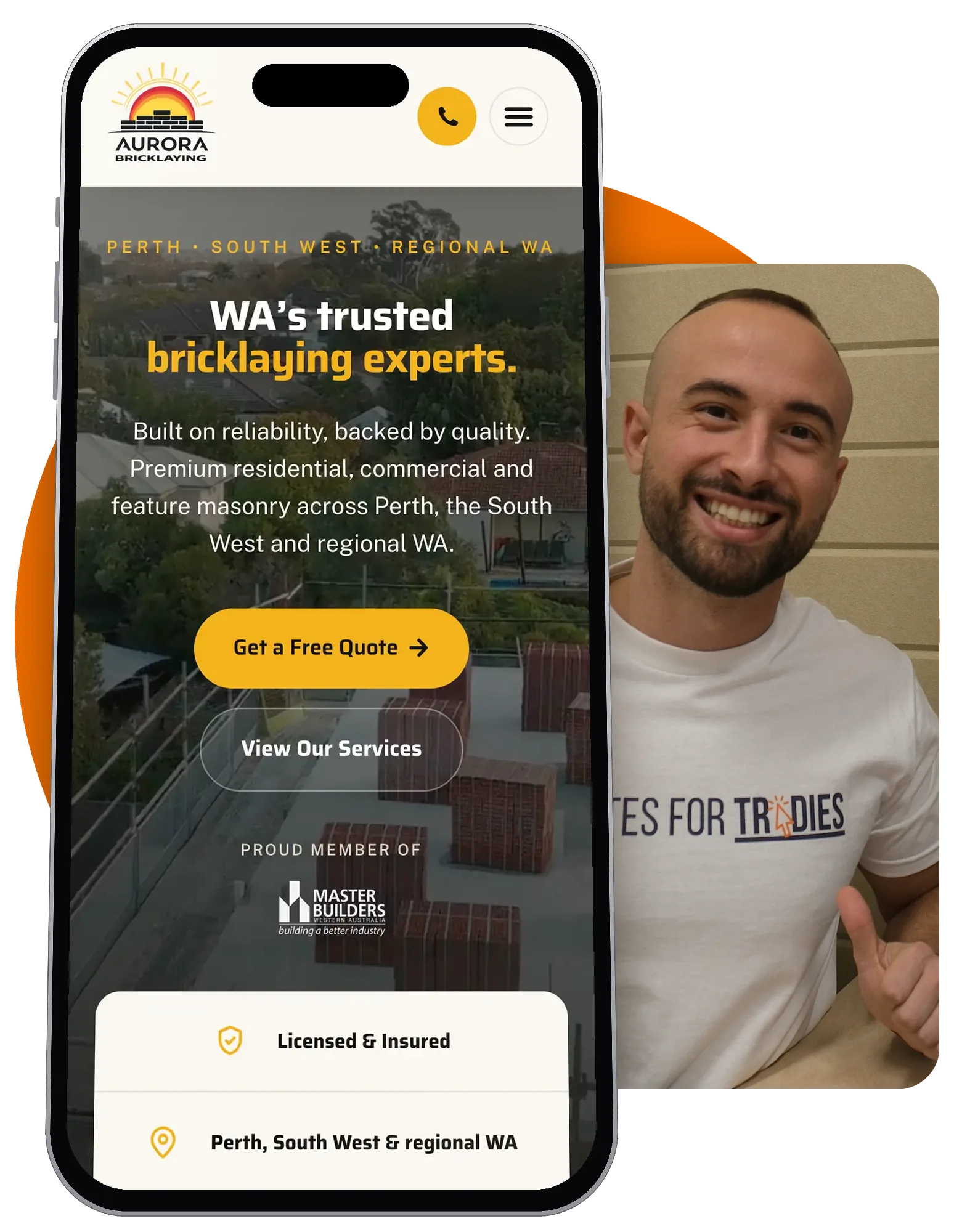 A tradie website shown on a mobile phone