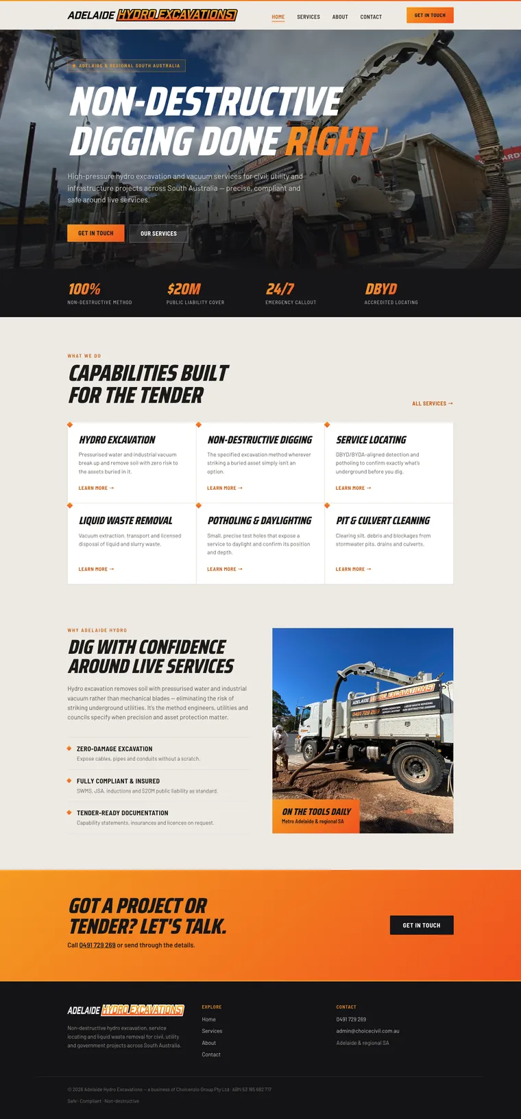 Adelaide Hydro Excavations website built by Websites For Tradies