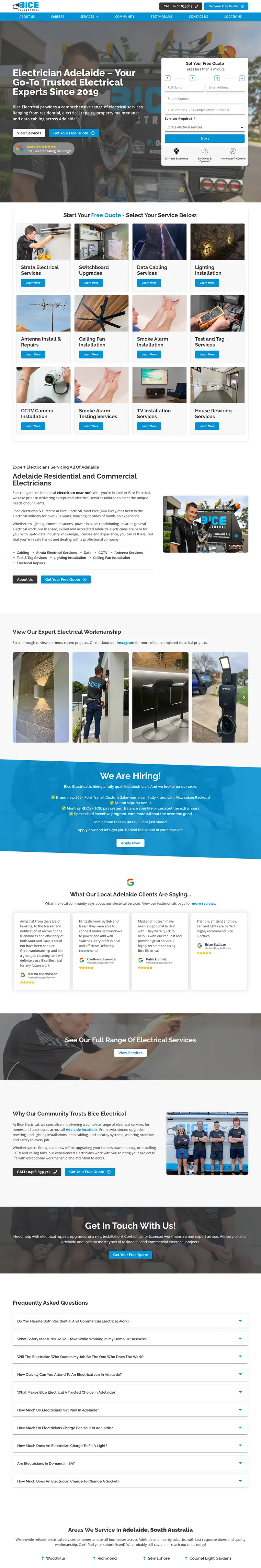 Electrician website design for BICE Electrical, Adelaide