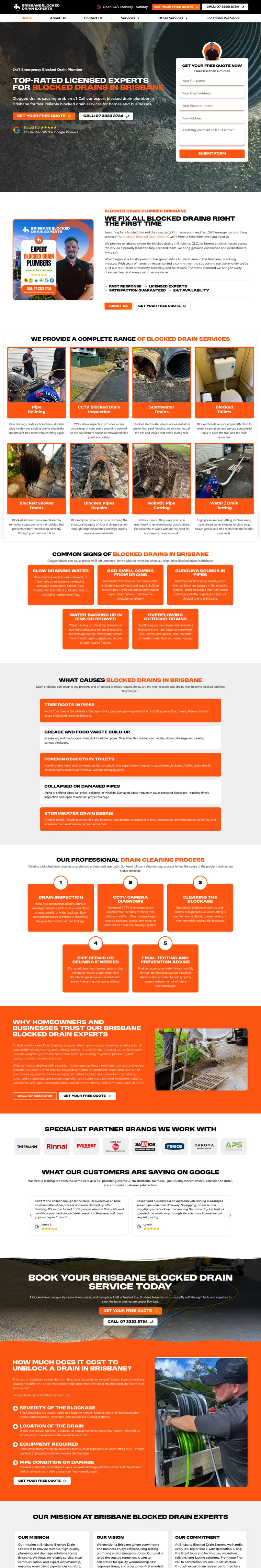 Blocked drain plumber website design for Brisbane Blocked Drain Experts
