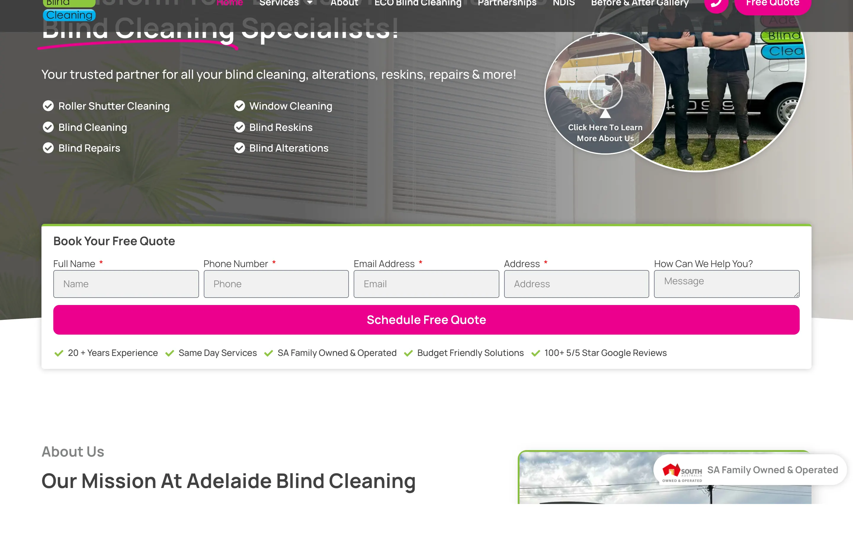 Adelaide Blind Cleaning website - Home page on desktop