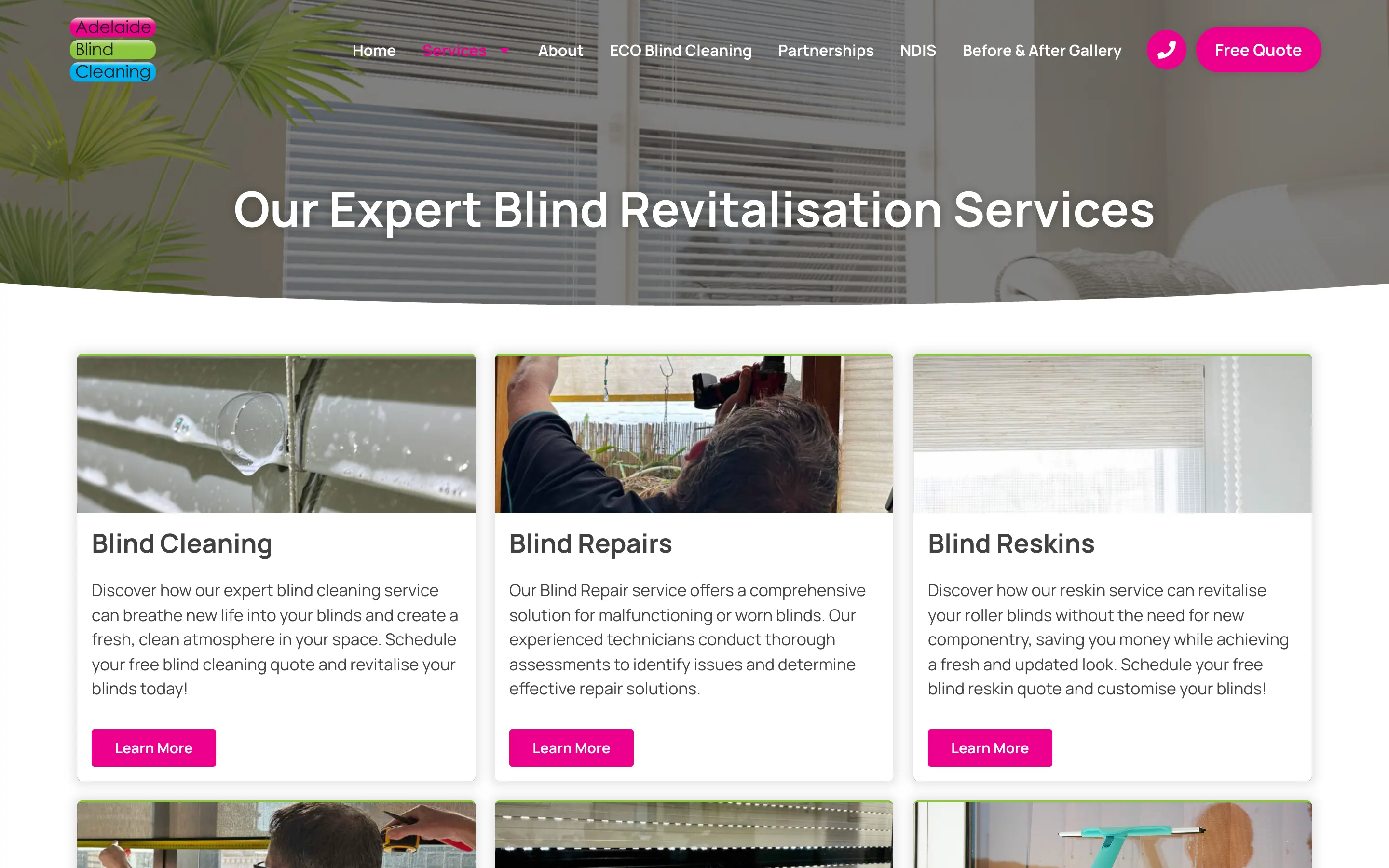 Adelaide Blind Cleaning website - Blind Revitalisation page on desktop