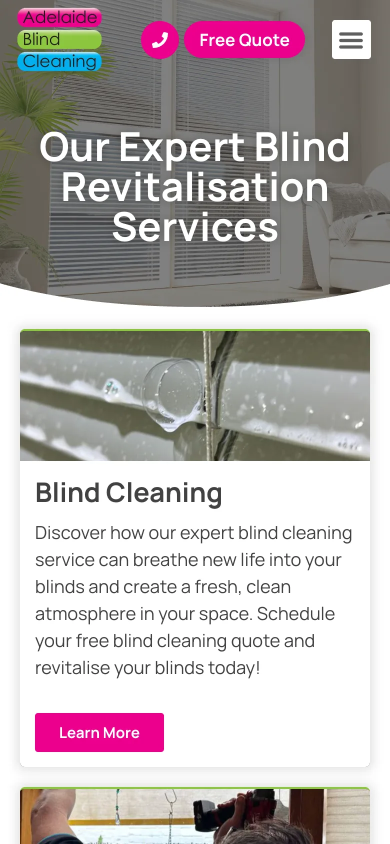 Adelaide Blind Cleaning website - Blind Revitalisation page on mobile