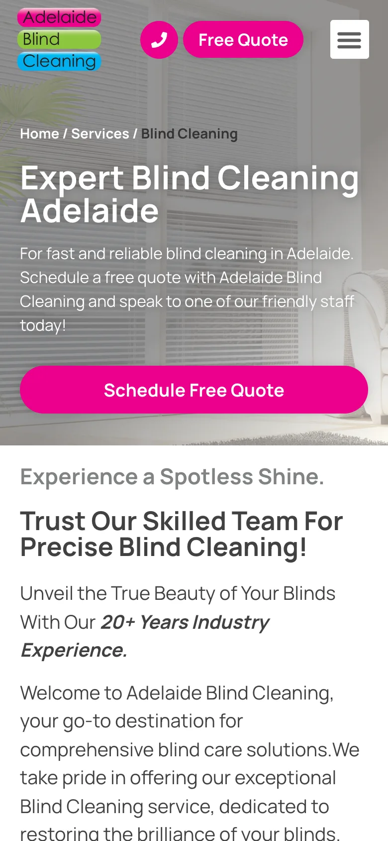Adelaide Blind Cleaning website - Blind Cleaning page on mobile