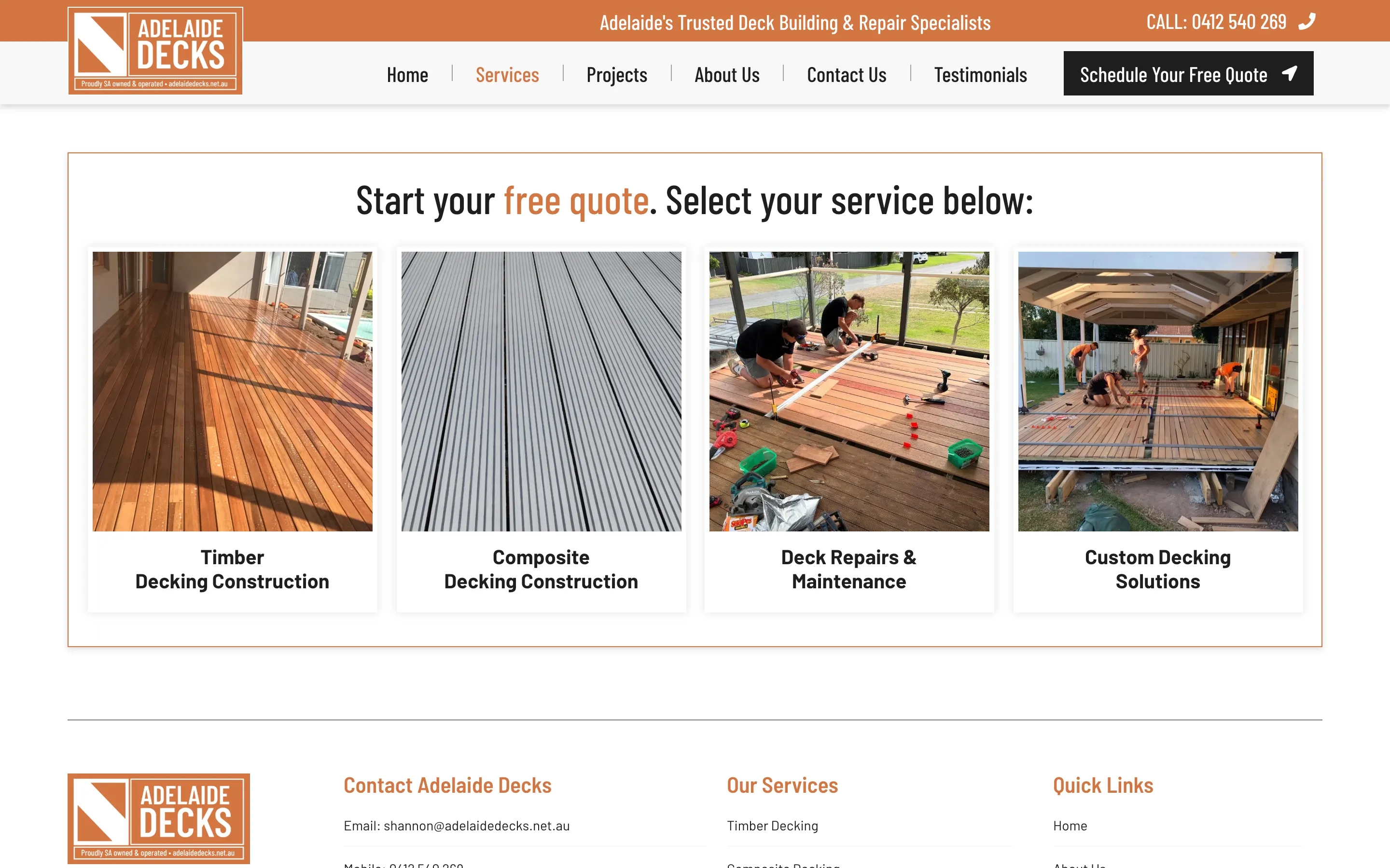 Adelaide Decks website - Services page on desktop