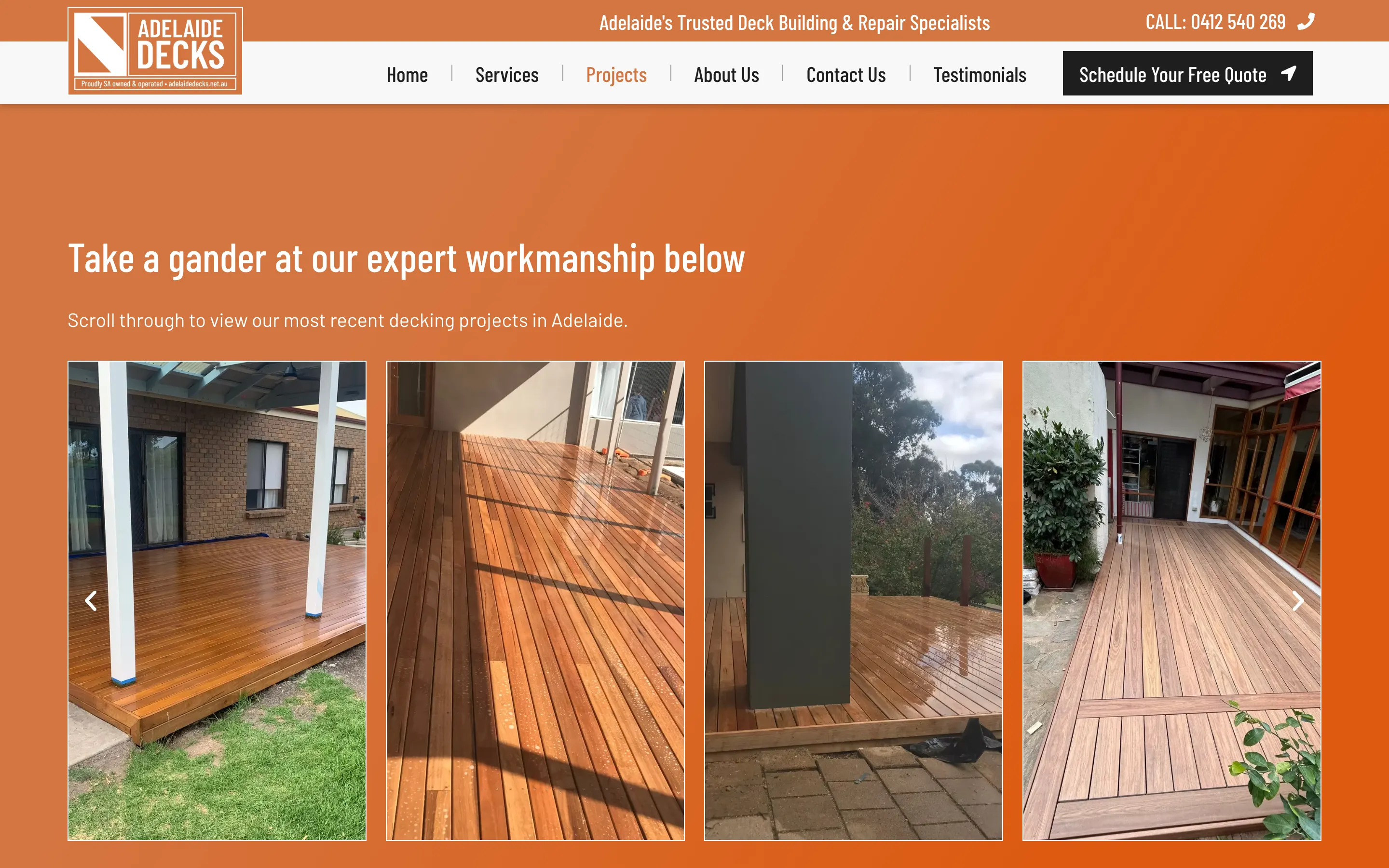 Adelaide Decks website - Projects page on desktop