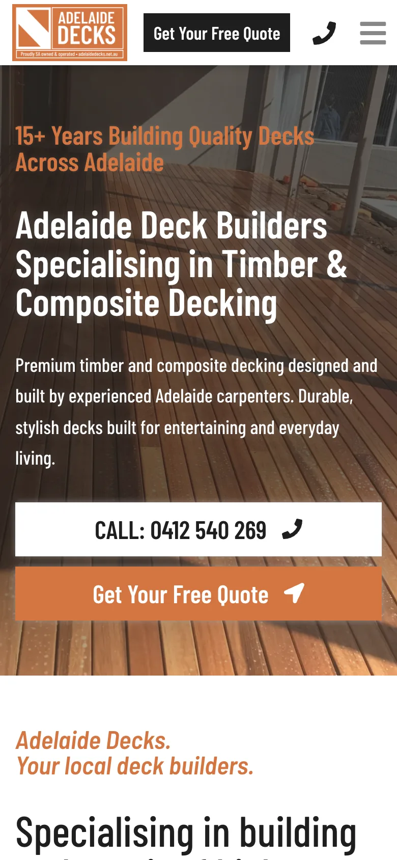 Adelaide Decks website - Home page on mobile