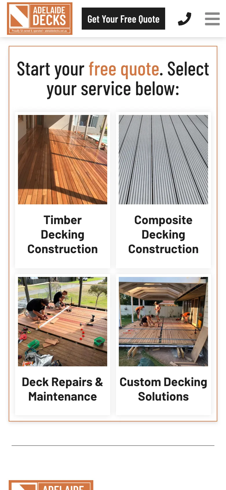 Adelaide Decks website - Services page on mobile