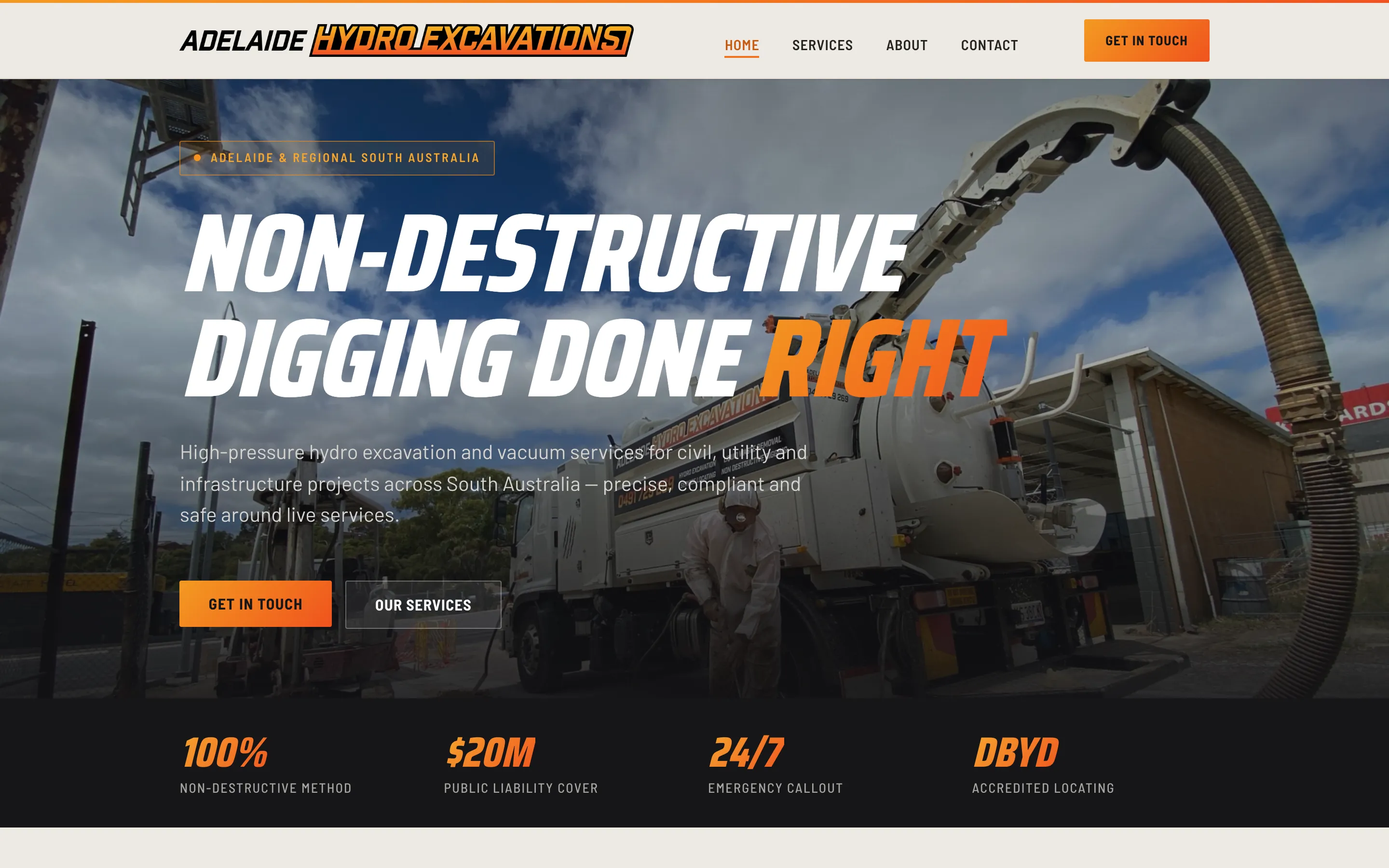 Adelaide Hydro Excavations website - Home page on desktop