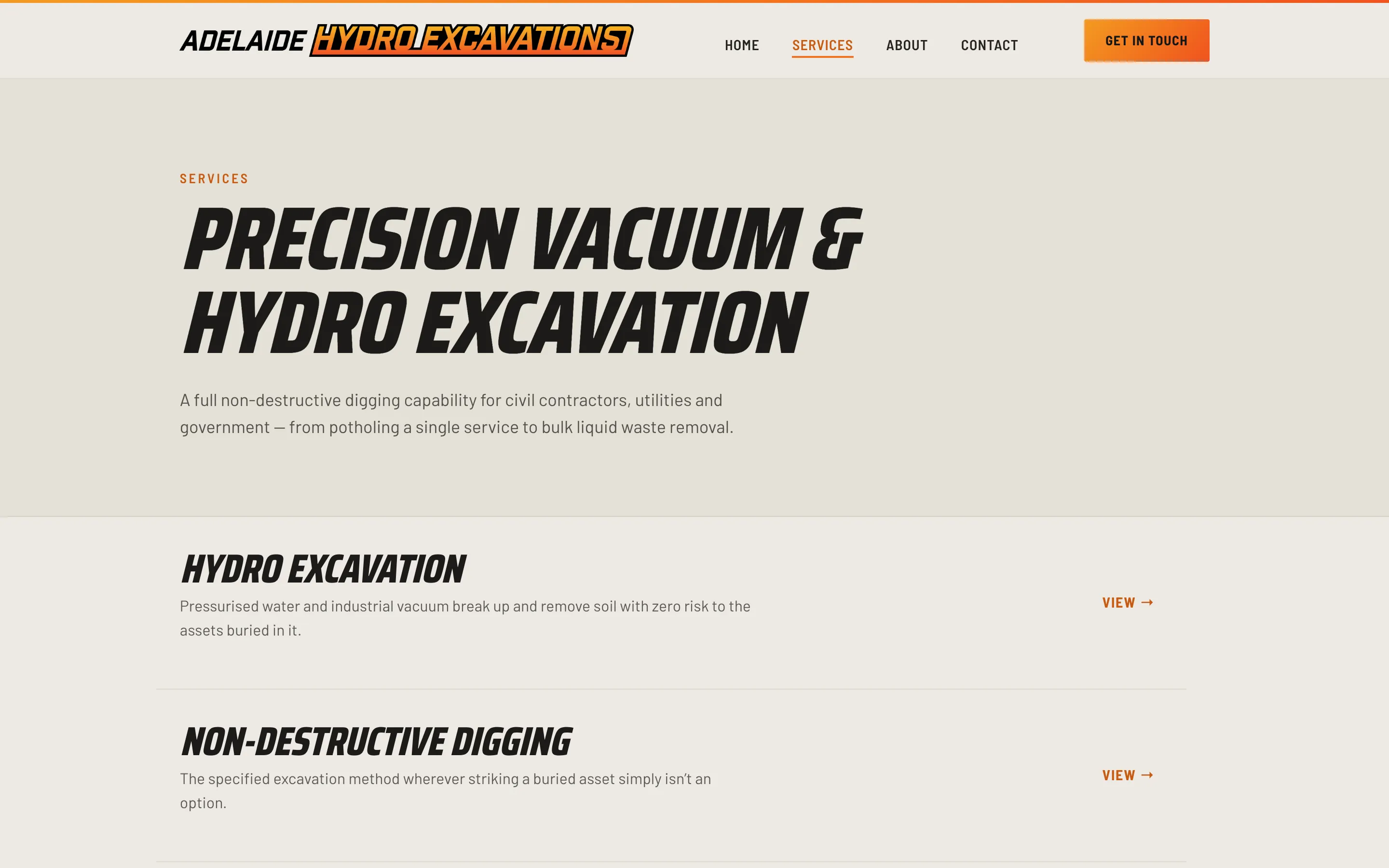 Adelaide Hydro Excavations website - Our Services page on desktop