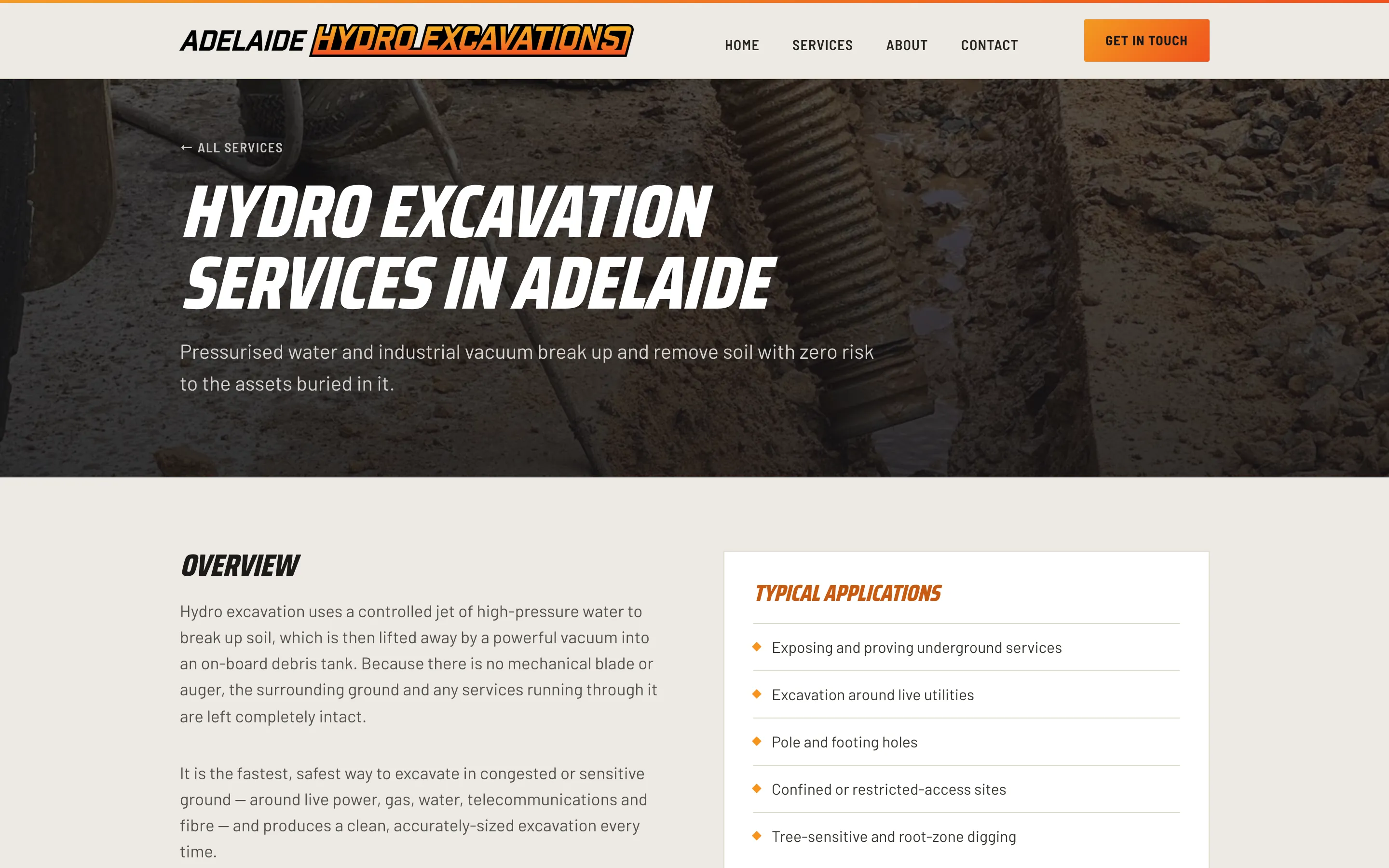 Adelaide Hydro Excavations website - Hydro Excavation page on desktop