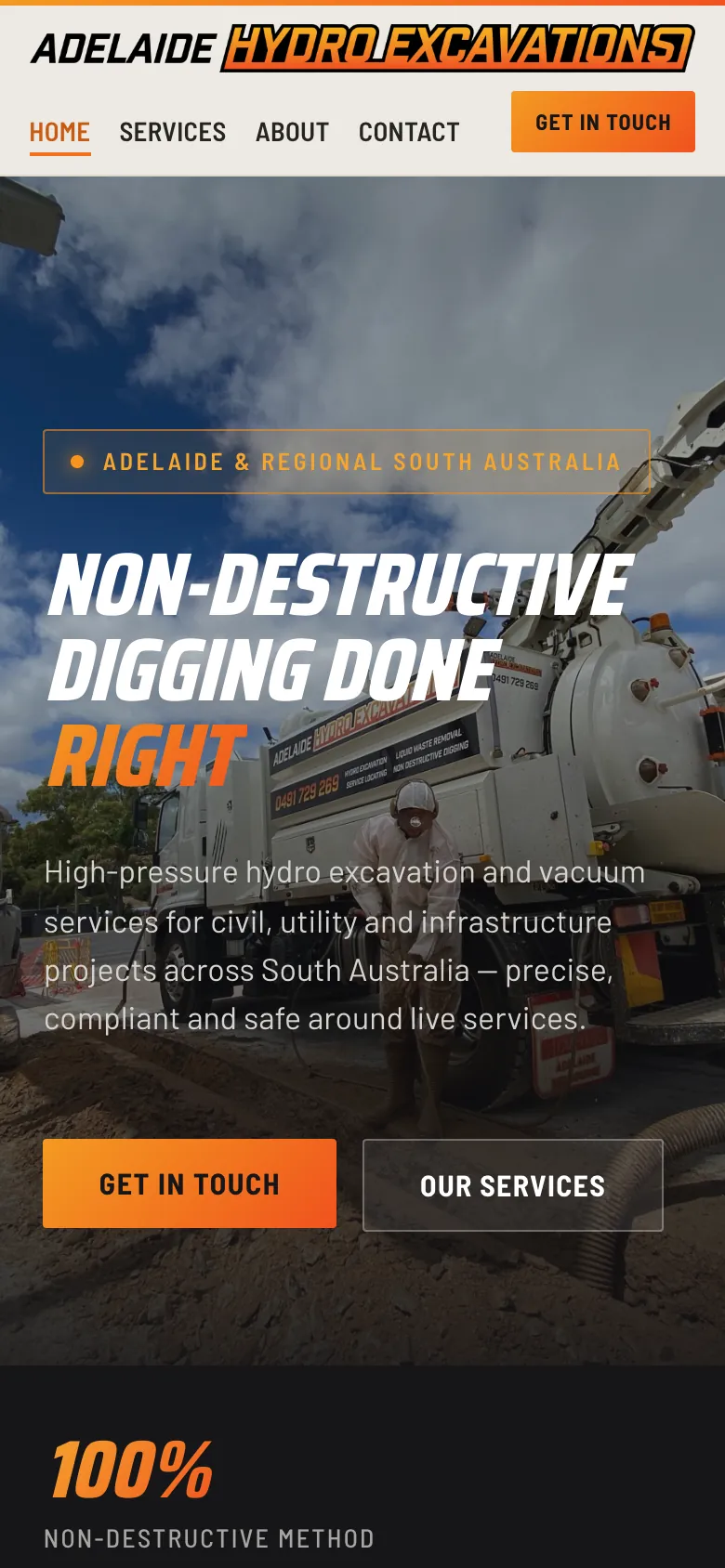 Adelaide Hydro Excavations website - Home page on mobile