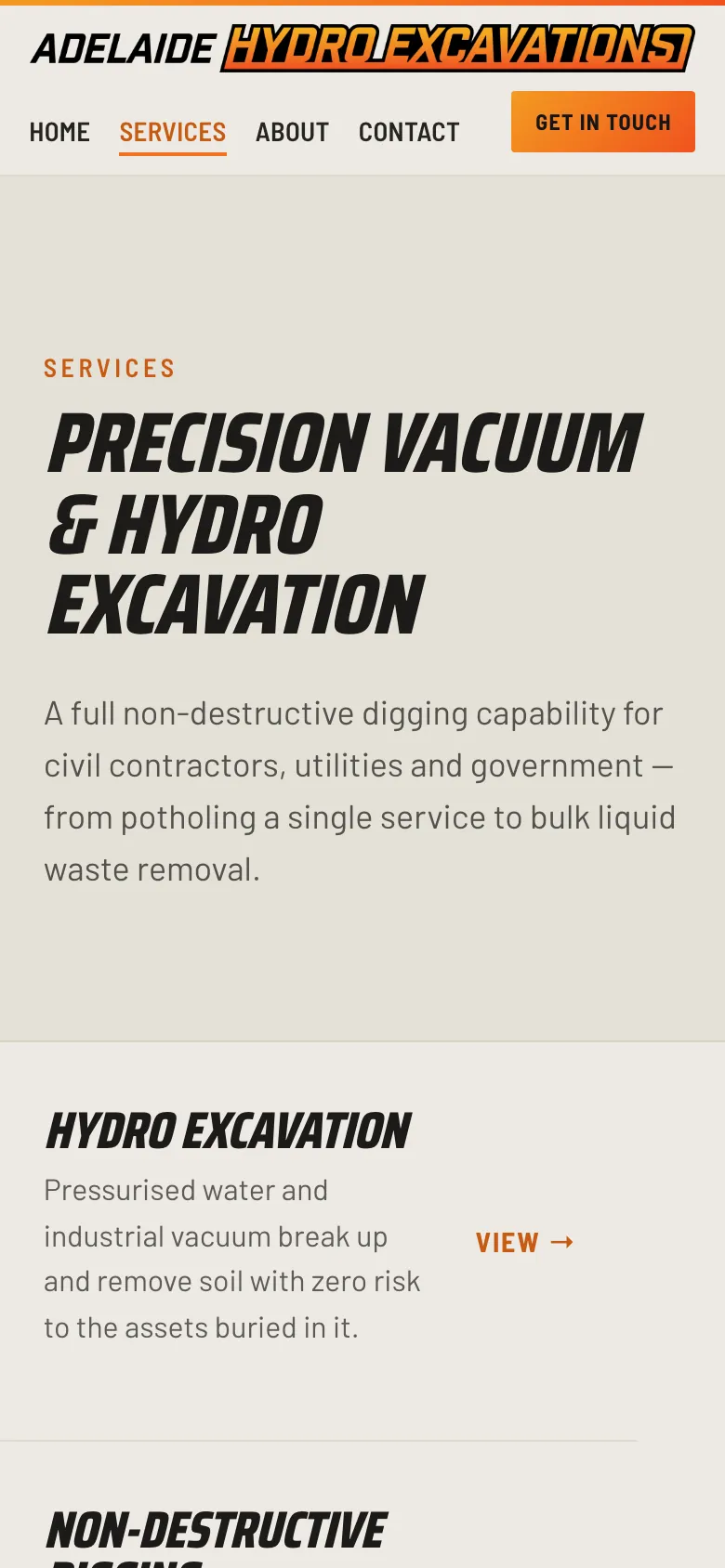 Adelaide Hydro Excavations website - Our Services page on mobile