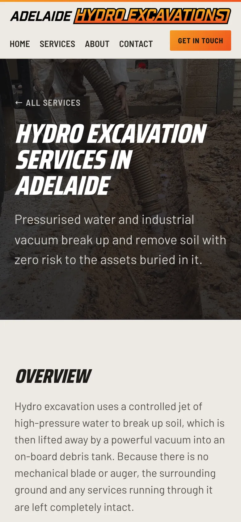 Adelaide Hydro Excavations website - Hydro Excavation page on mobile