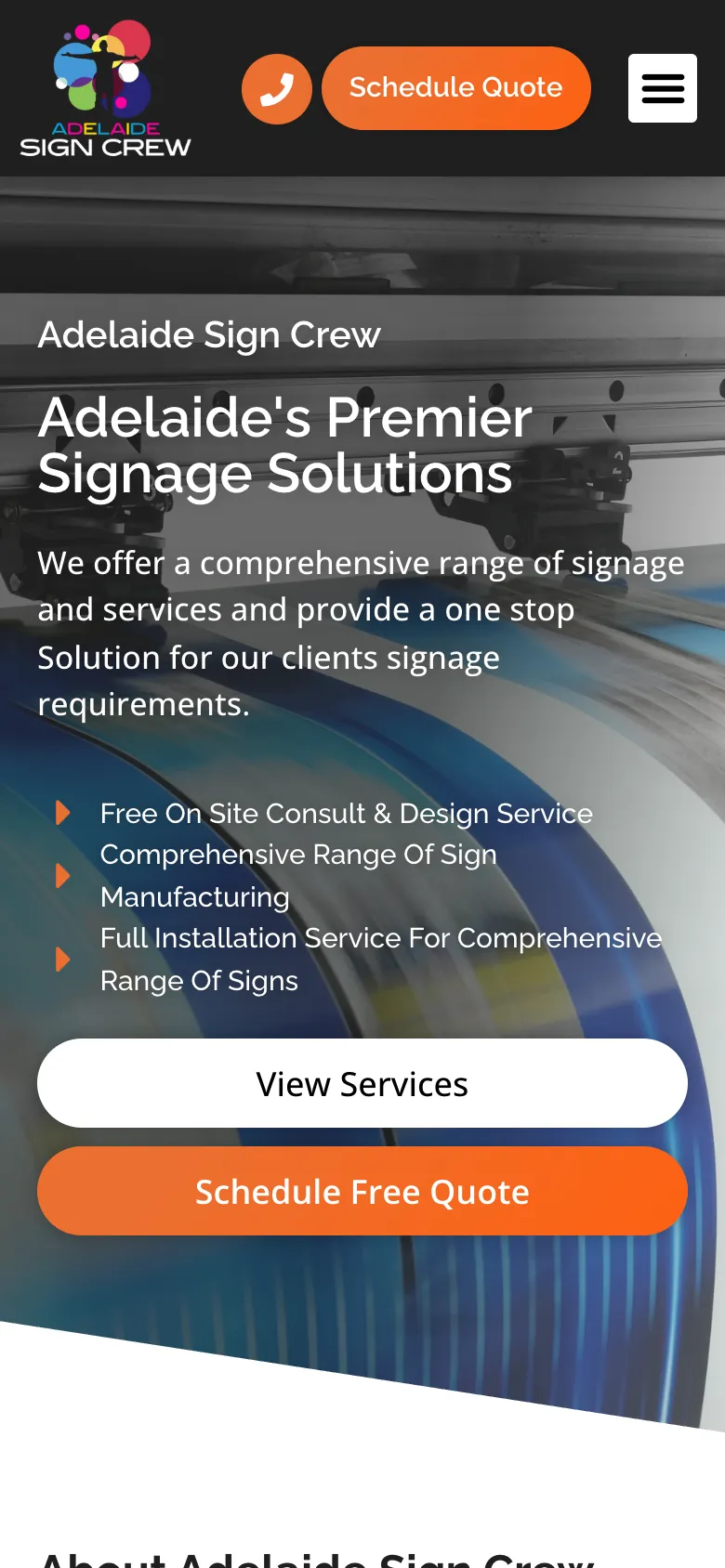 Adelaide Sign Crew website - Home page on mobile