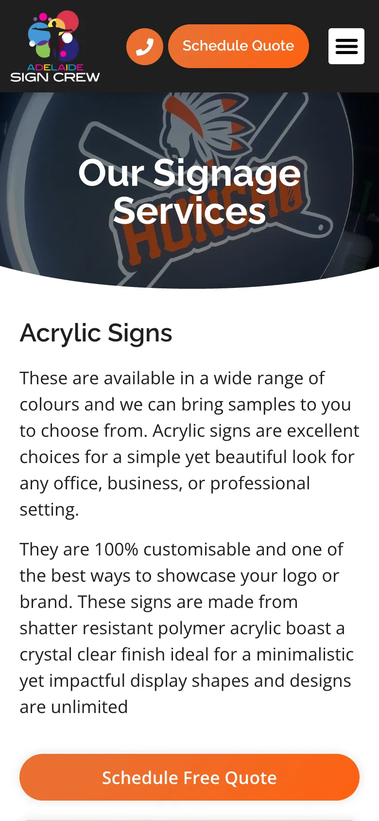 Adelaide Sign Crew website - Our Signage Services page on mobile