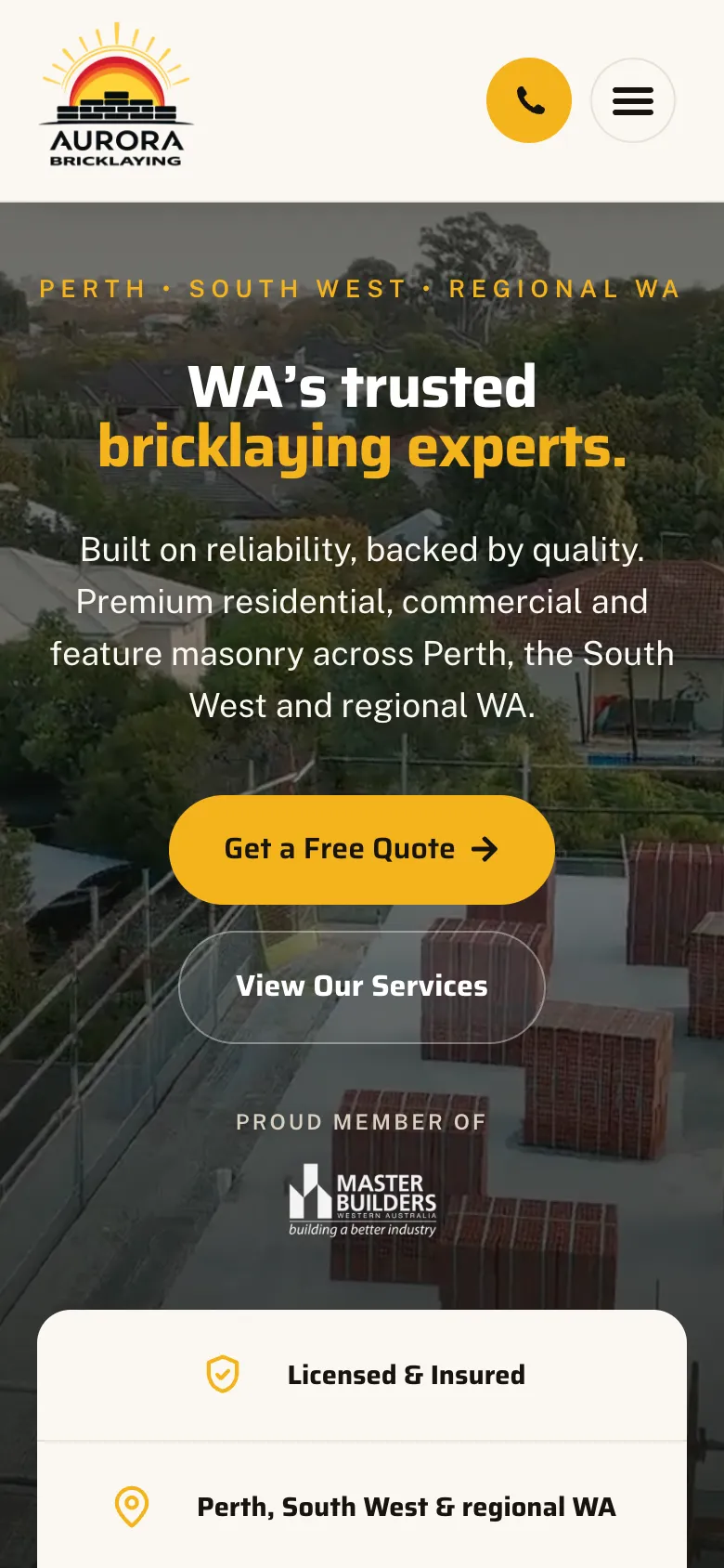 Aurora Bricklaying website - Home page on mobile