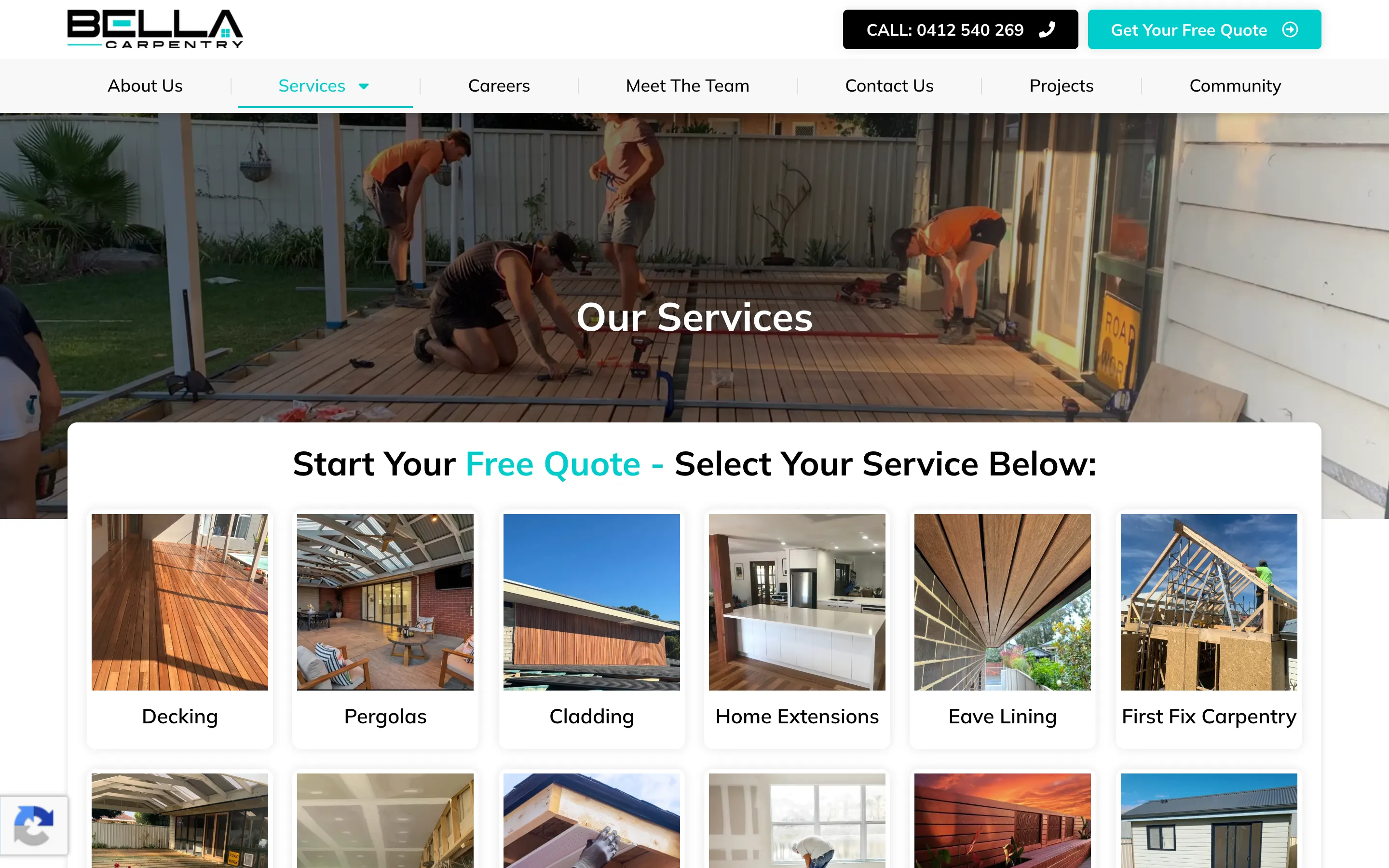 Bella Carpentry website - Our Services page on desktop