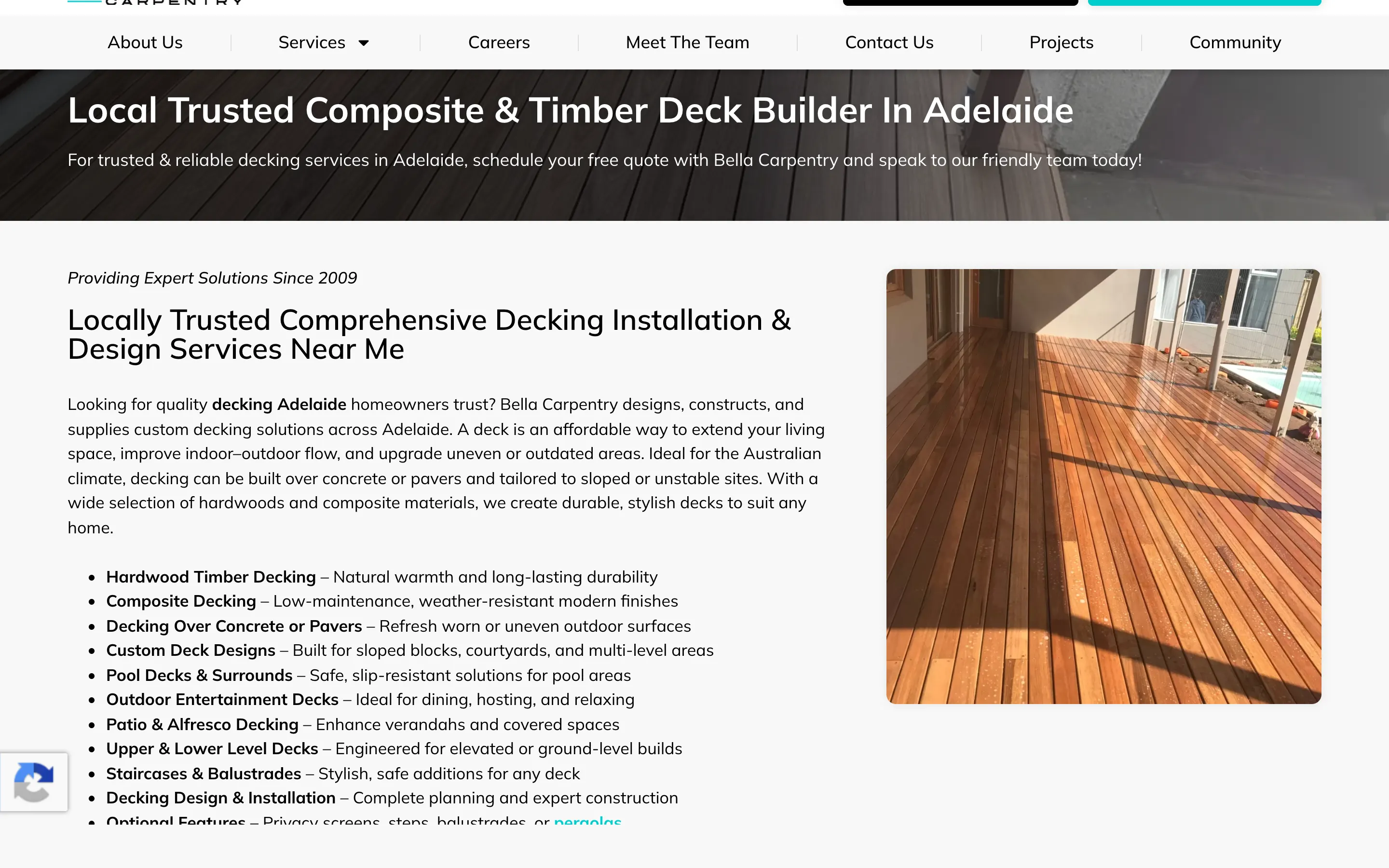 Bella Carpentry website - Composite & Timber Decking page on desktop