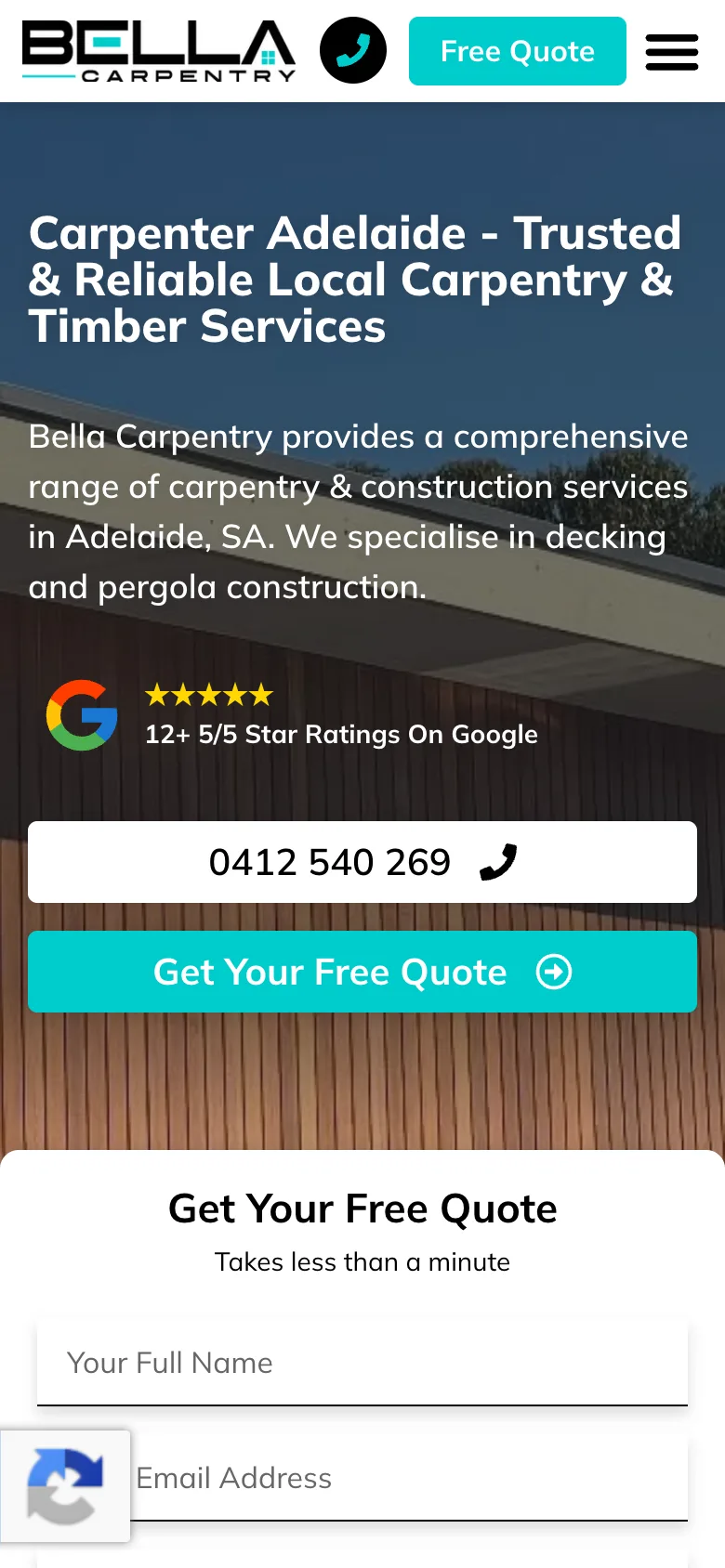 Bella Carpentry website - Home page on mobile