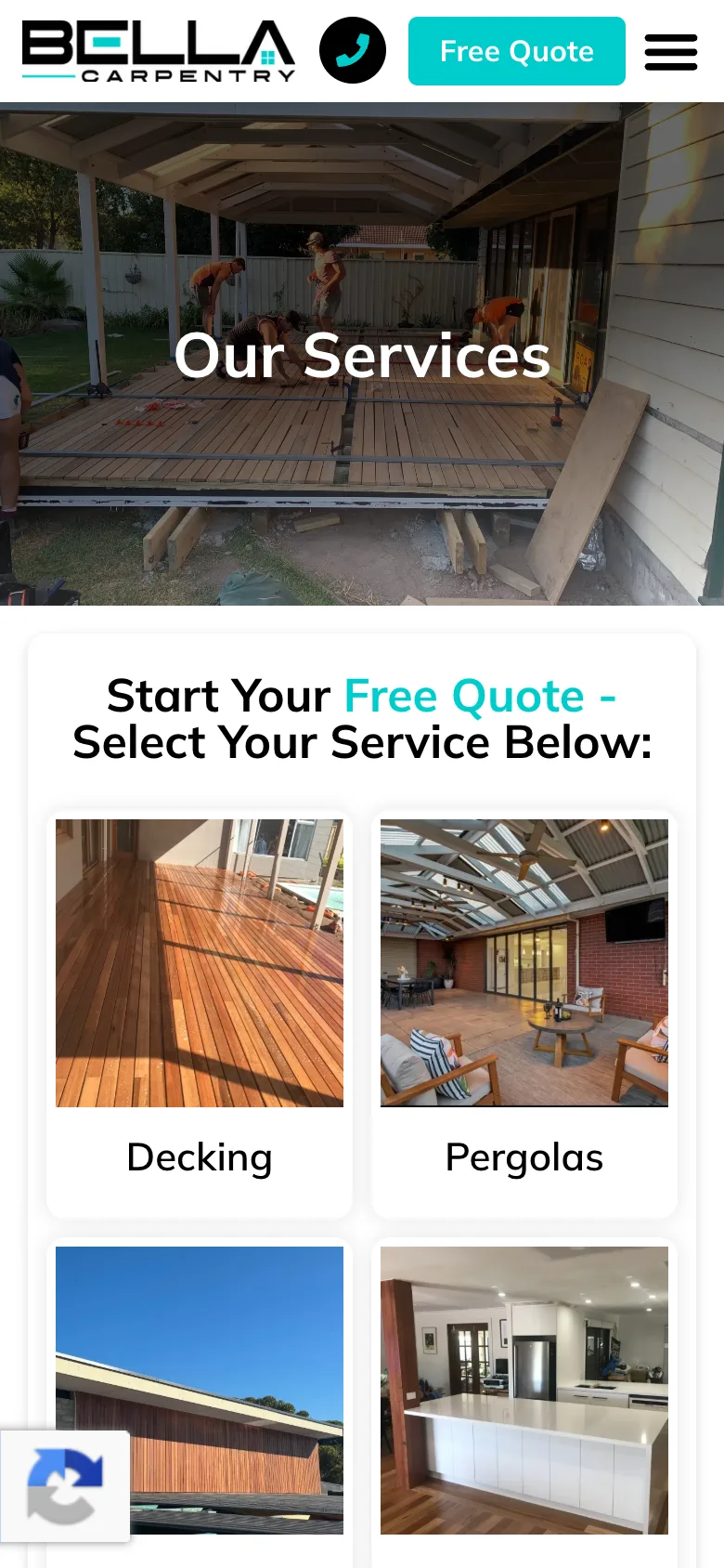 Bella Carpentry website - Our Services page on mobile