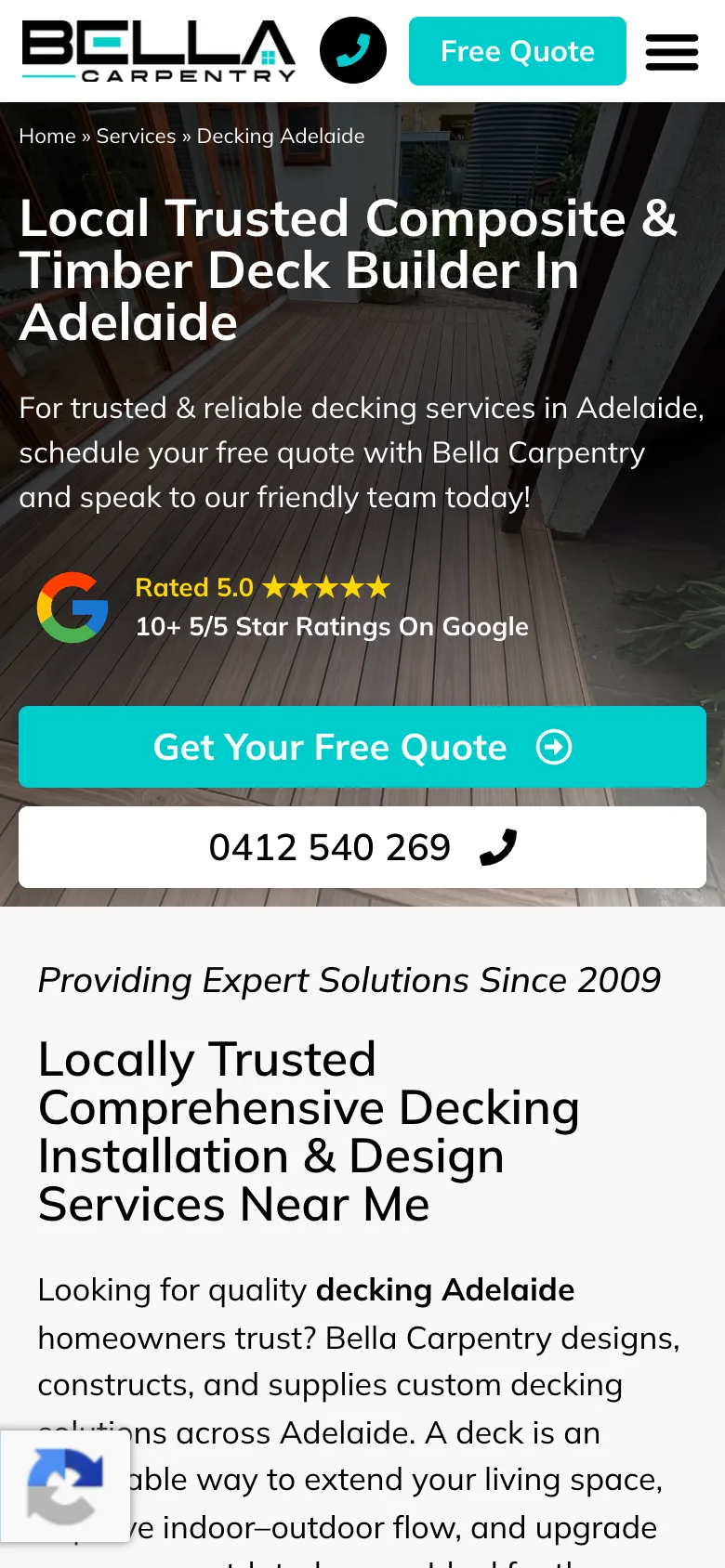 Bella Carpentry website - Composite & Timber Decking page on mobile
