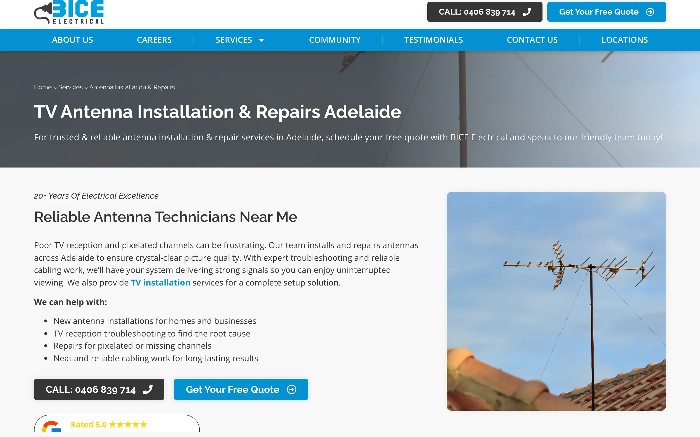 BICE Electrical website - TV Antenna Installation page on desktop