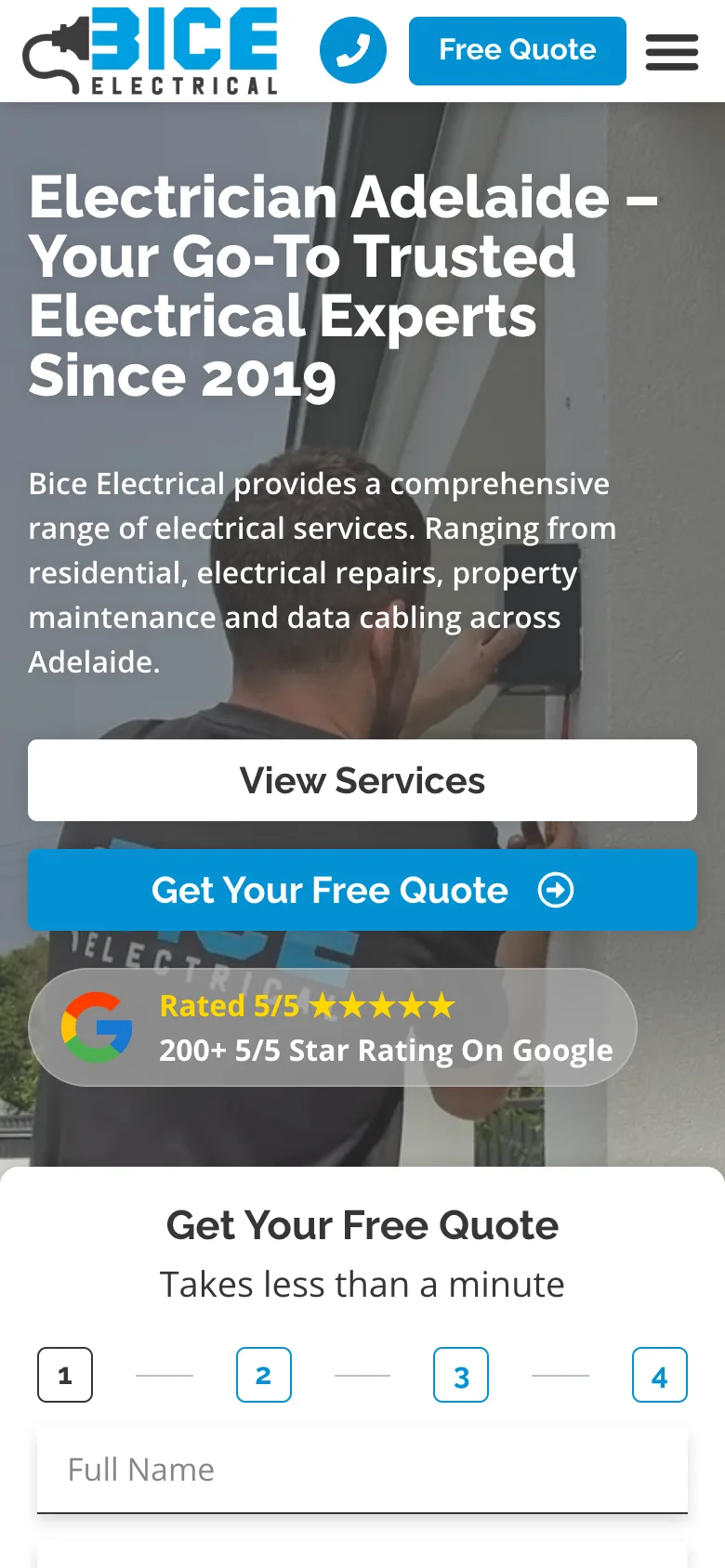 BICE Electrical website - Home page on mobile