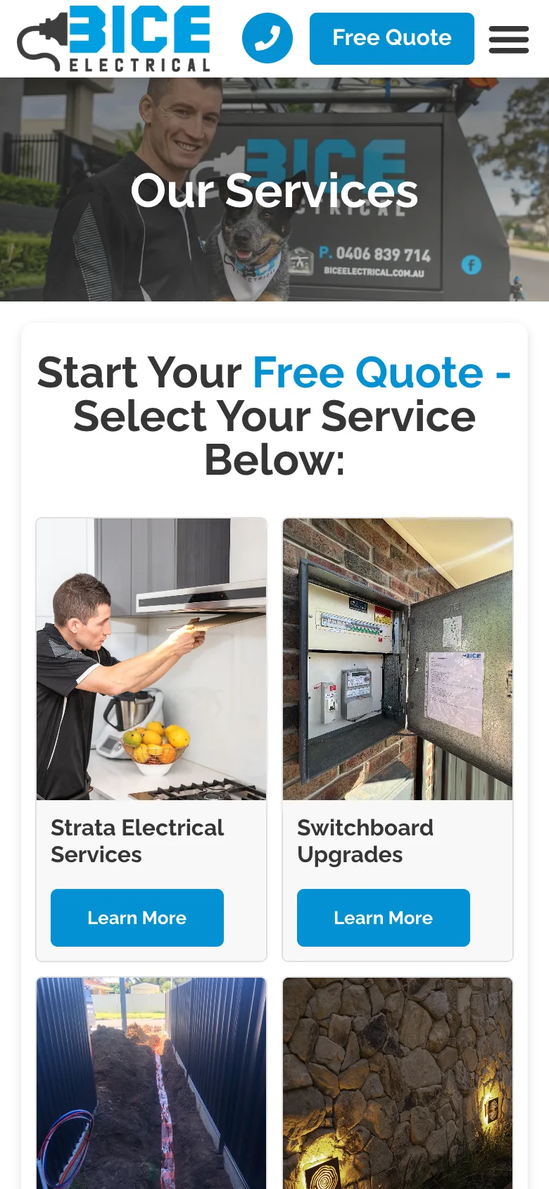 BICE Electrical website - Our Services page on mobile