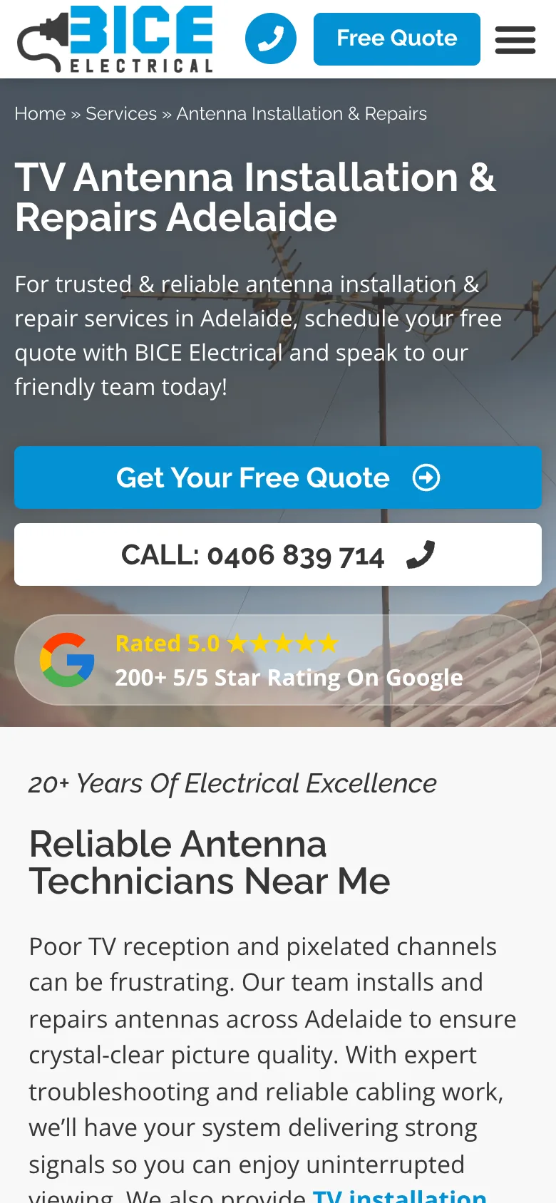 BICE Electrical website - TV Antenna Installation page on mobile