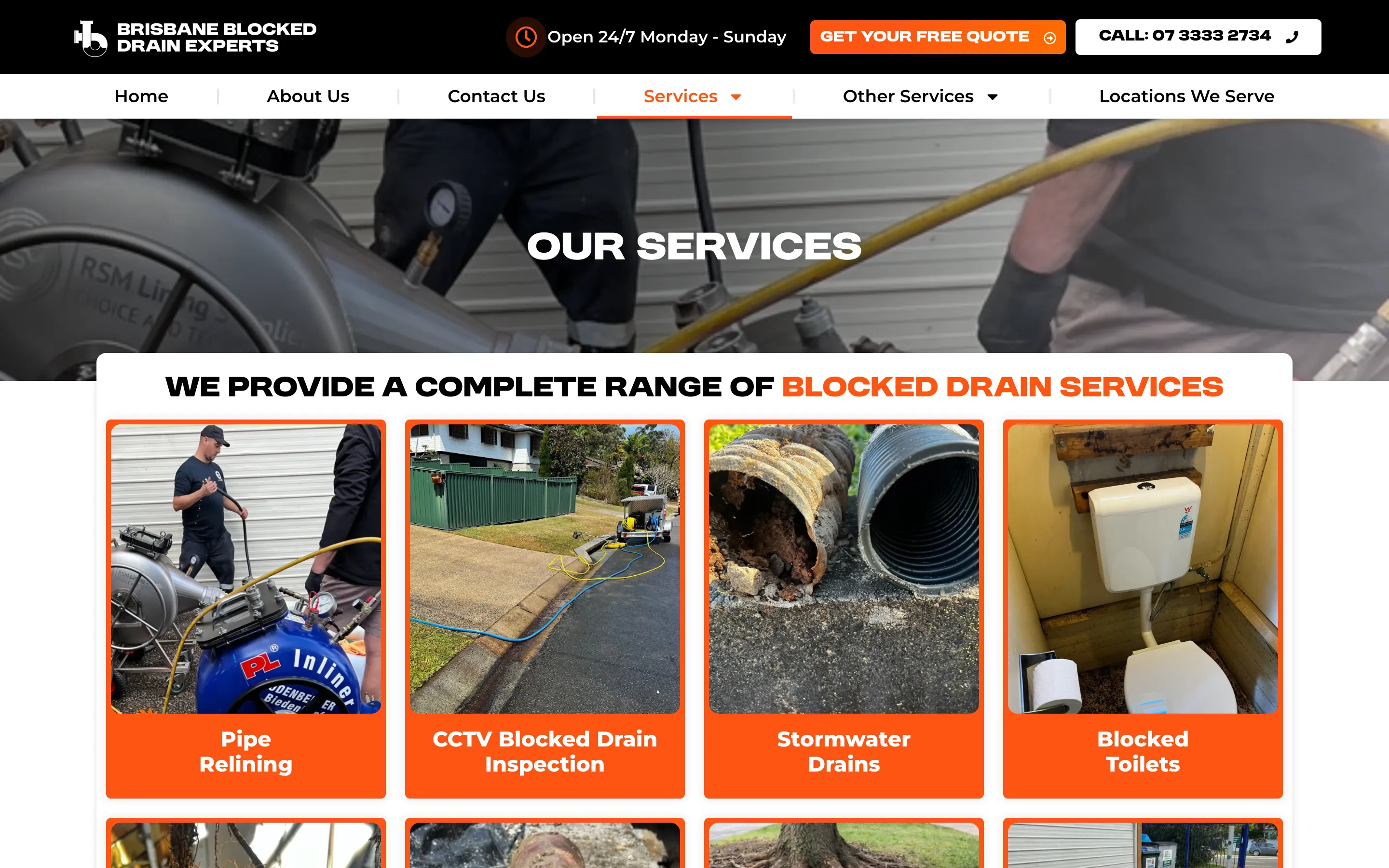 Brisbane Blocked Drain Experts website - Our Services page on desktop