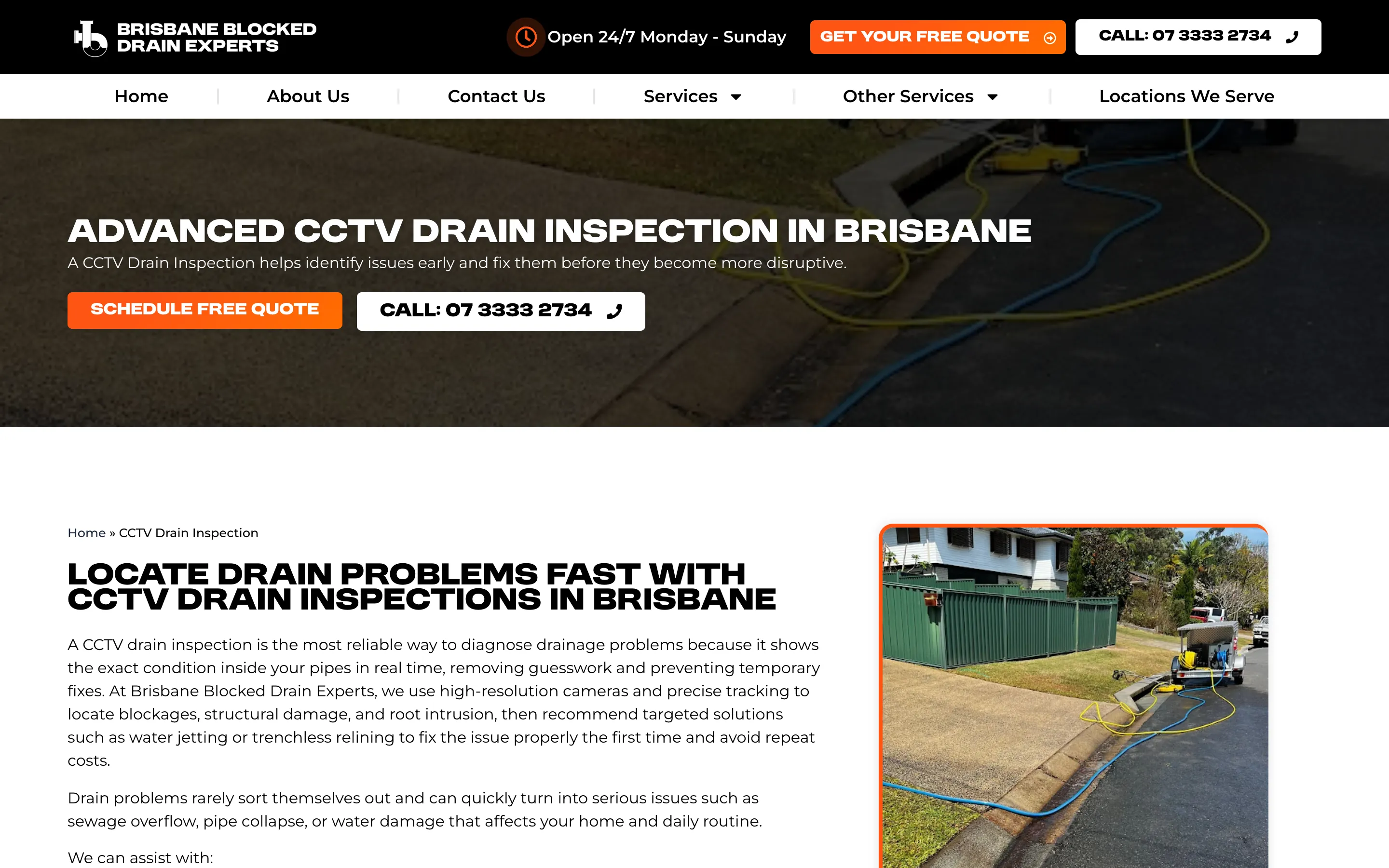 Brisbane Blocked Drain Experts website - CCTV Drain Inspection page on desktop