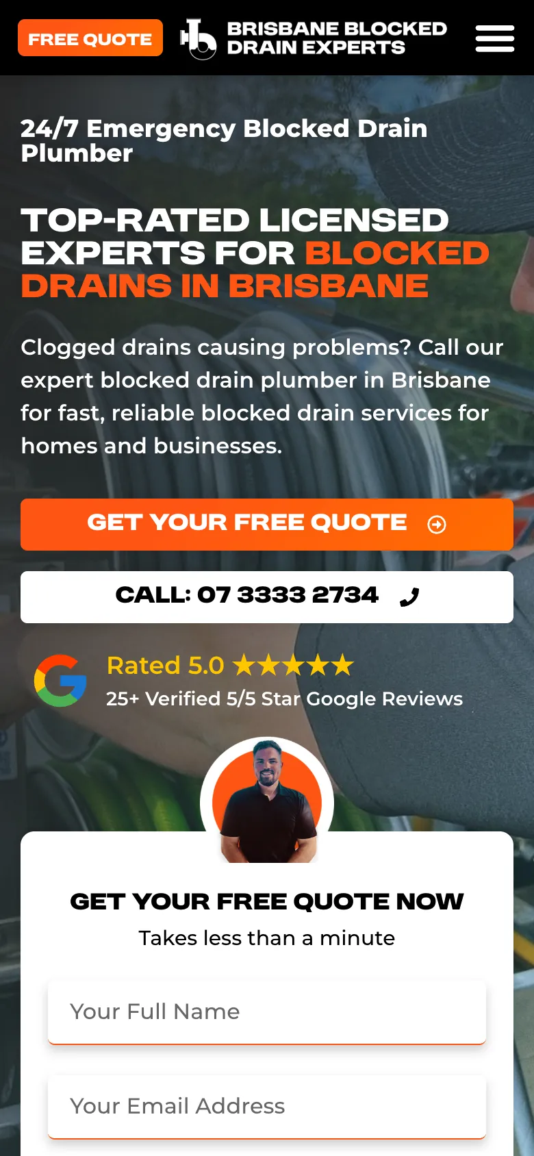 Brisbane Blocked Drain Experts website - Home page on mobile