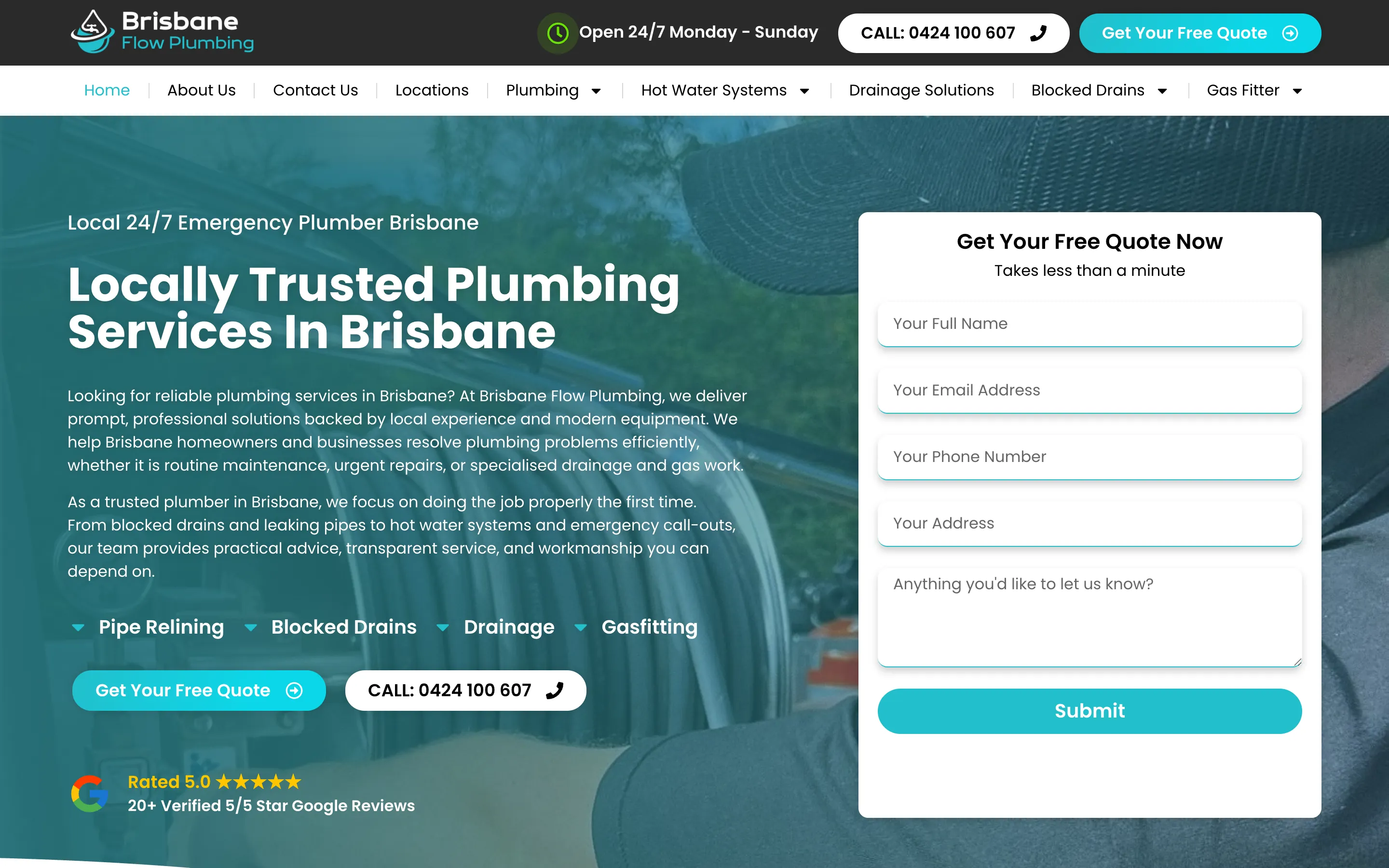 Brisbane Flow Plumbing website - Home page on desktop