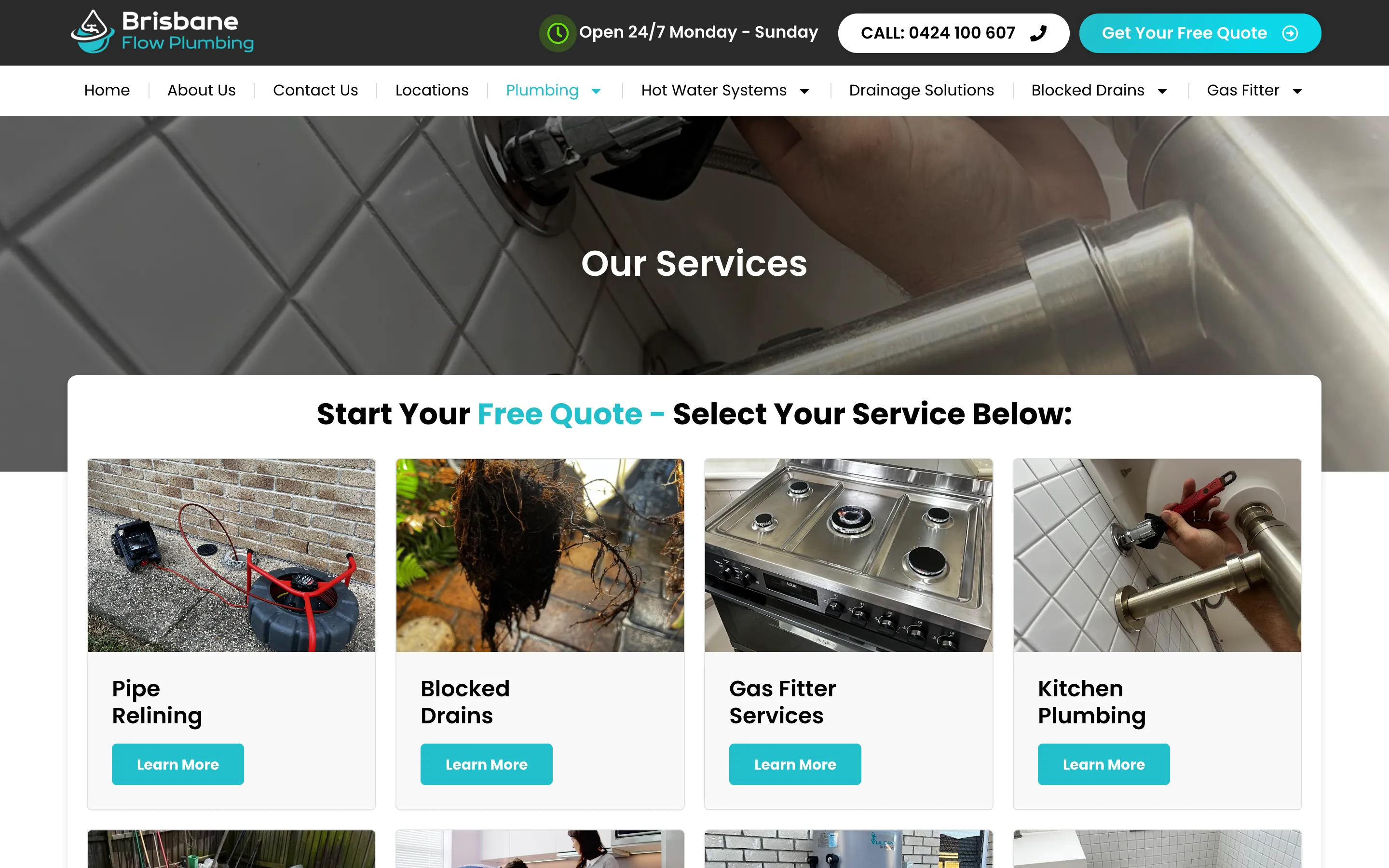 Brisbane Flow Plumbing website - Our Services page on desktop