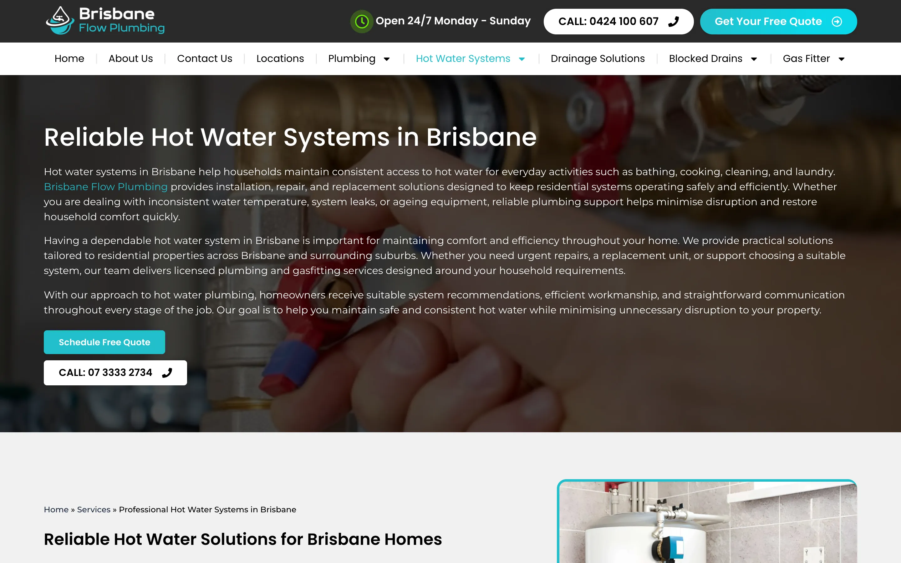 Brisbane Flow Plumbing website - Hot Water Systems page on desktop